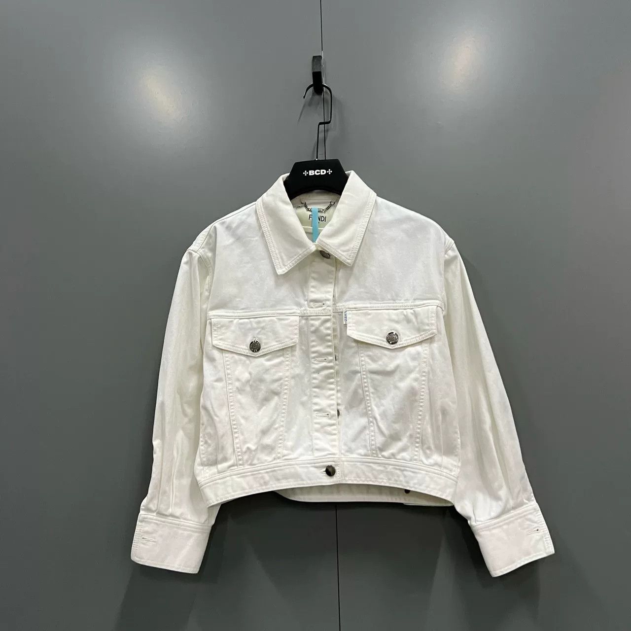 Fendi Fendi White Sequin Logo Cropped Denim Jacket Size S / US 4 / IT 40 - 1 Thumbnail