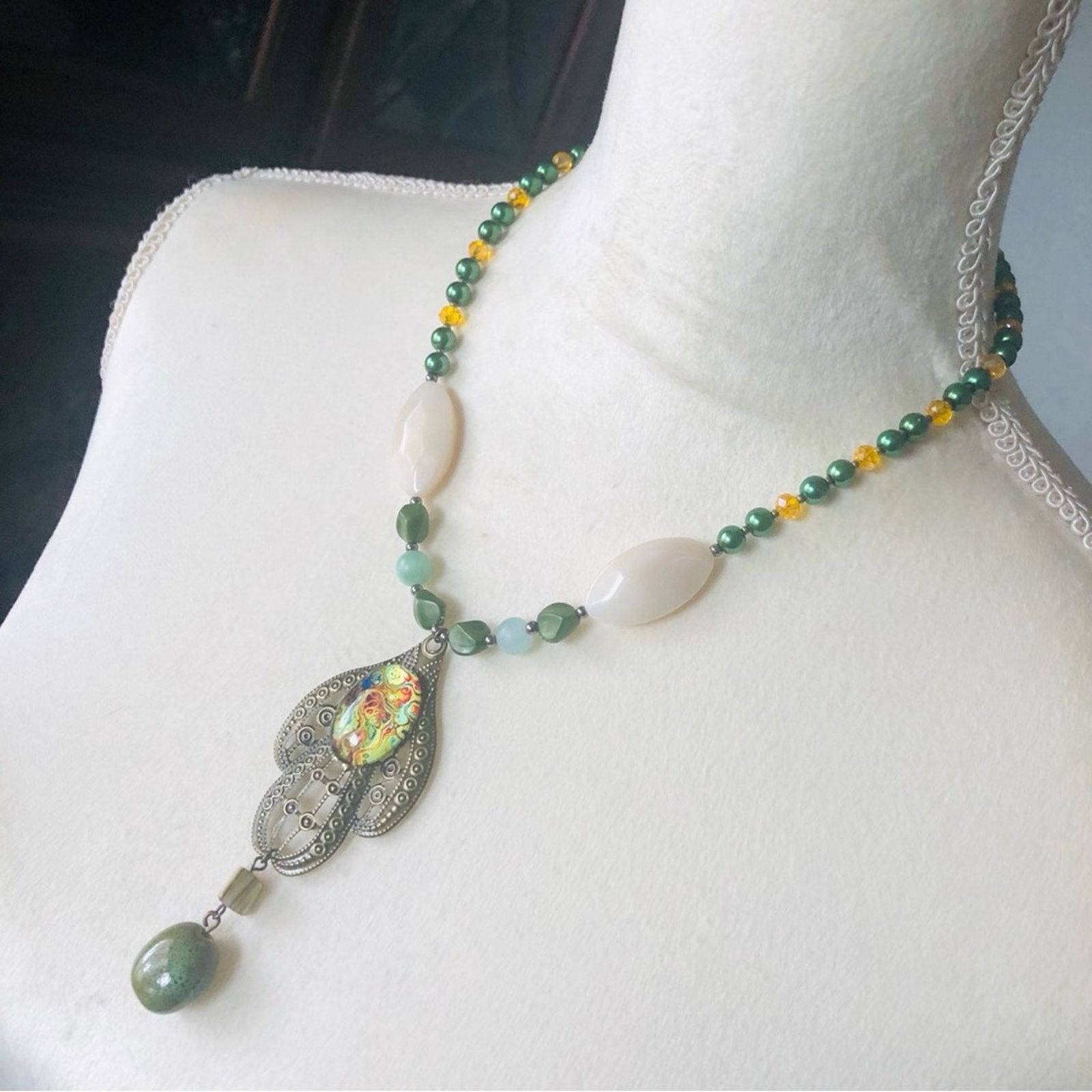 Handmade Handcrafted repurpose cabochon filigree Pearl necklace Size ONE SIZE - 4 Thumbnail
