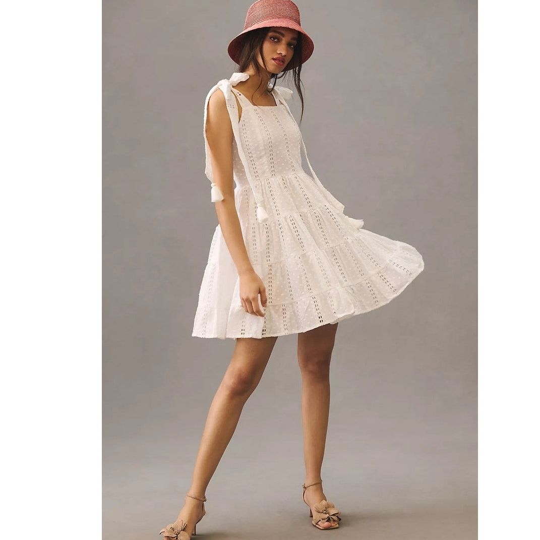 Anthropologie New Mille Shoulder-Tie Mini Dress $278 SMALL Eyelet Lace Size S / US 4 / IT 40 - 4 Thumbnail