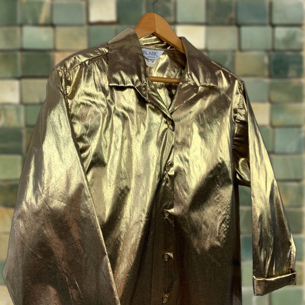 Blair VINTAGE Blair Very Metallic Shiny Sheer Gold Long Sleeve Button Shirt 18 Size XXL / US 16-18 / IT 52-54 - 1 Thumbnail
