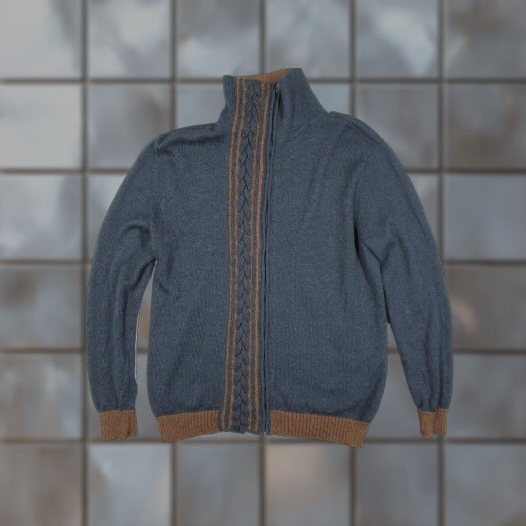 Vintage NOVICA Sweater Men L Blue Brown Full Zip Mock Neck Alpaca Blend Cable Knit Size US L / EU 52-54 / 3 - 1 Thumbnail