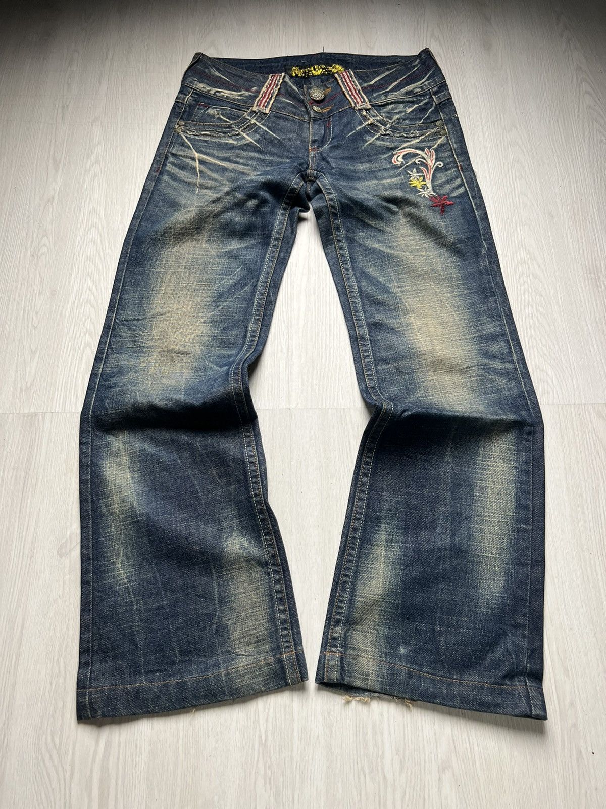 Japanese Brand Red Pepper Mud Wash Embroidered Bootcut Flared Jeans Size US 30 / EU 46 - 2 Thumbnail
