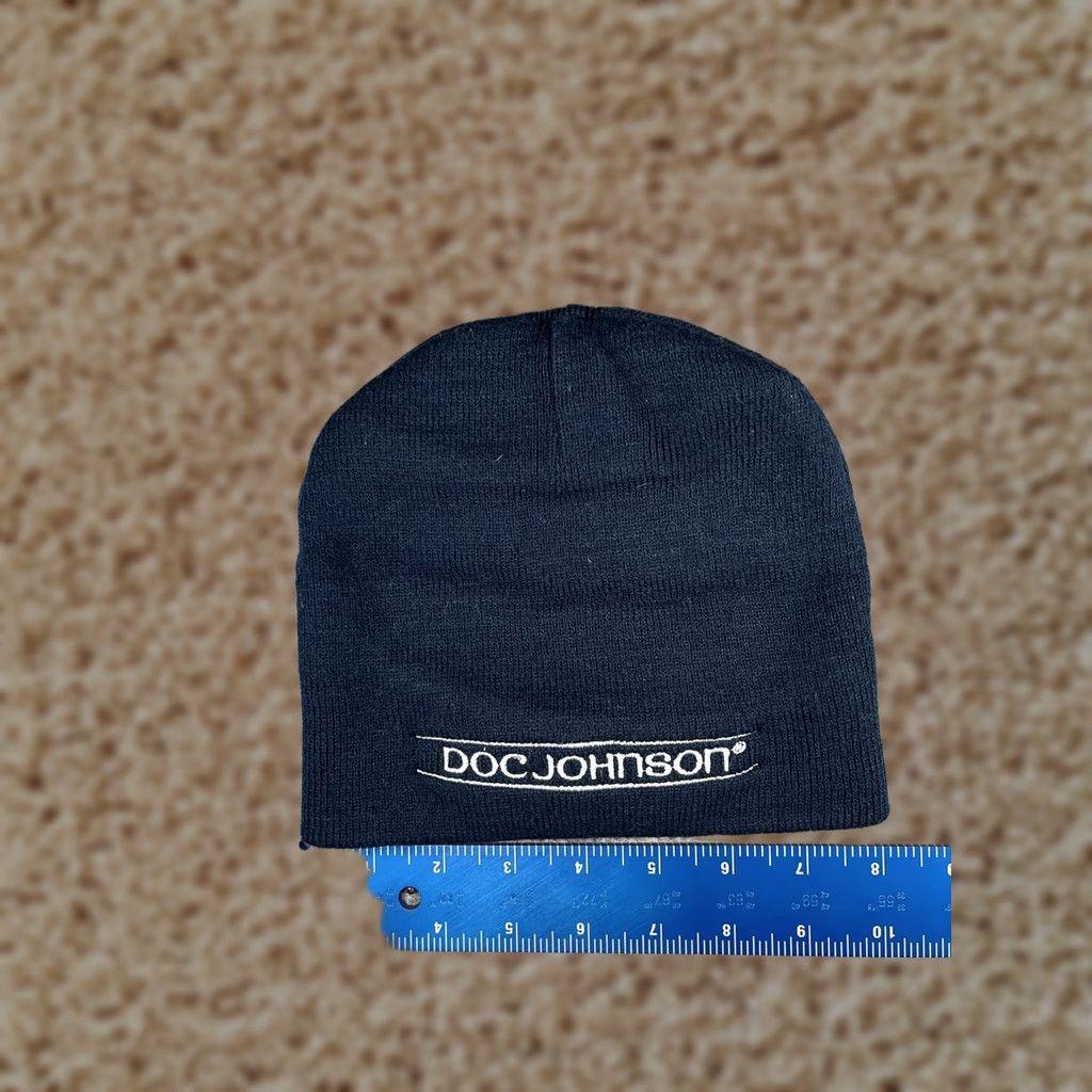 Vintage KC Caps Beanie Unisex One Size Blue Knit Doc Johnson Logo Stretch Winter Hat Cap Size ONE SIZE - 1 Thumbnail