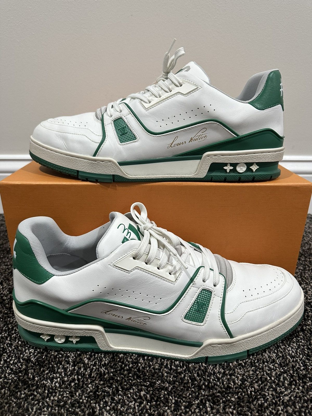 image of Louis Vuitton x Virgil Abloh Lv Low Trainer OG Green Ss19 Shoes in White/Green, Men's (Size 10)