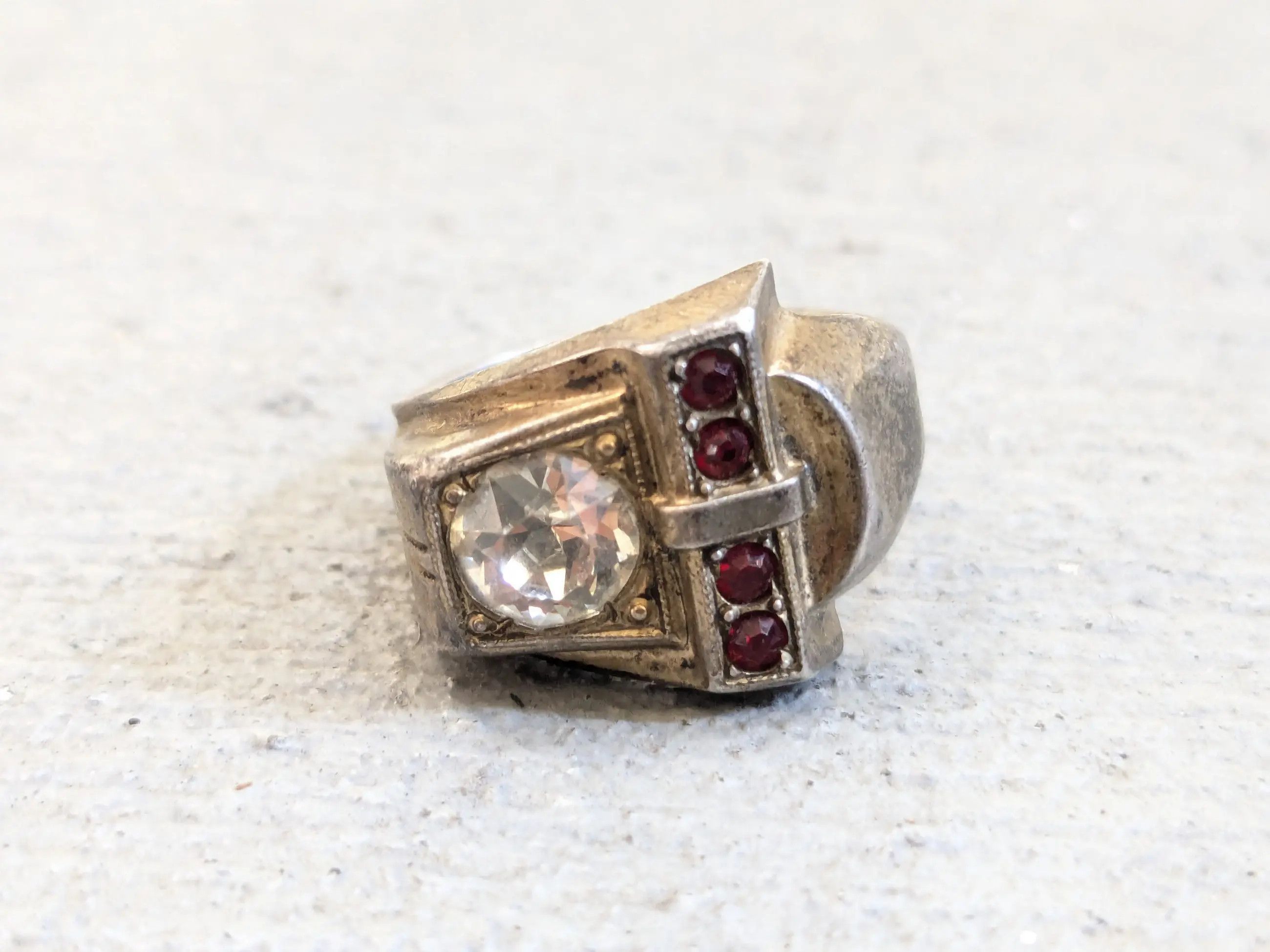 Sterling Silver Vintage Sterling Silver Ring 10.5 Glass Red Clear Theda Belt Size ONE SIZE - 5 Thumbnail