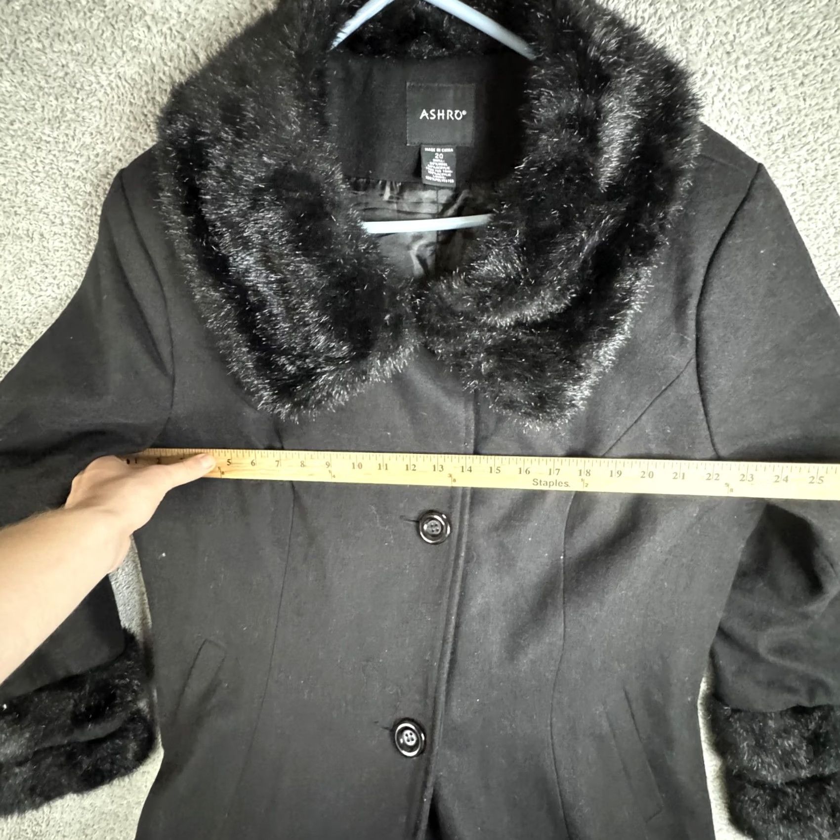 Vintage Ashro Coat Womens 20 Black Wool Overcoat Faux Fur Trim Long Lined Pockets Size 3XL / US 20-22 - 6 Thumbnail