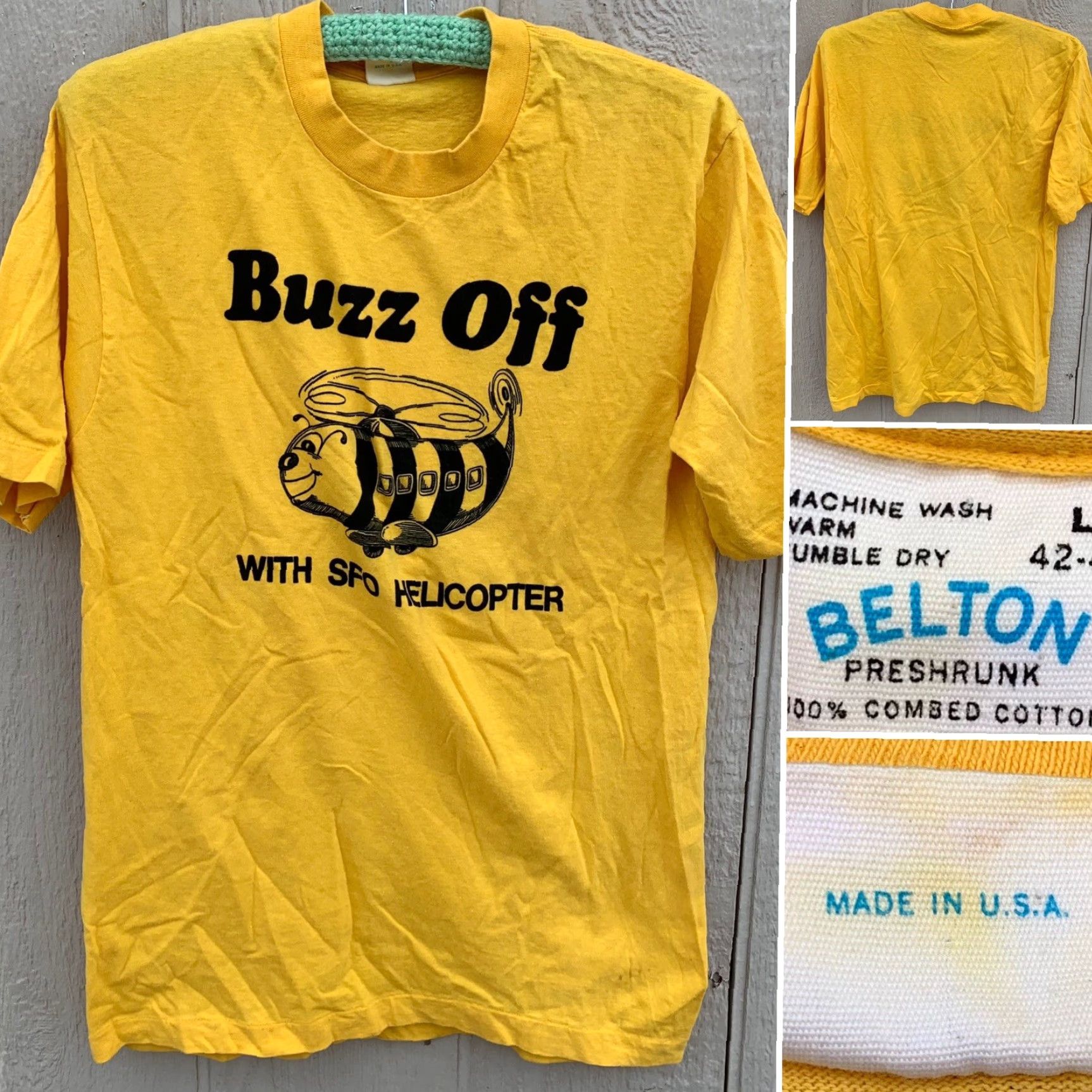 Vintage VINTAGE Belton T-Shirt Buzz Off With SFO Helicopter Graphic Bee 100% Cotton Crew Neck Short Sleeve L Mens Yellow 1970s Size US L / EU 52-54 / 3 - 2 Thumbnail
