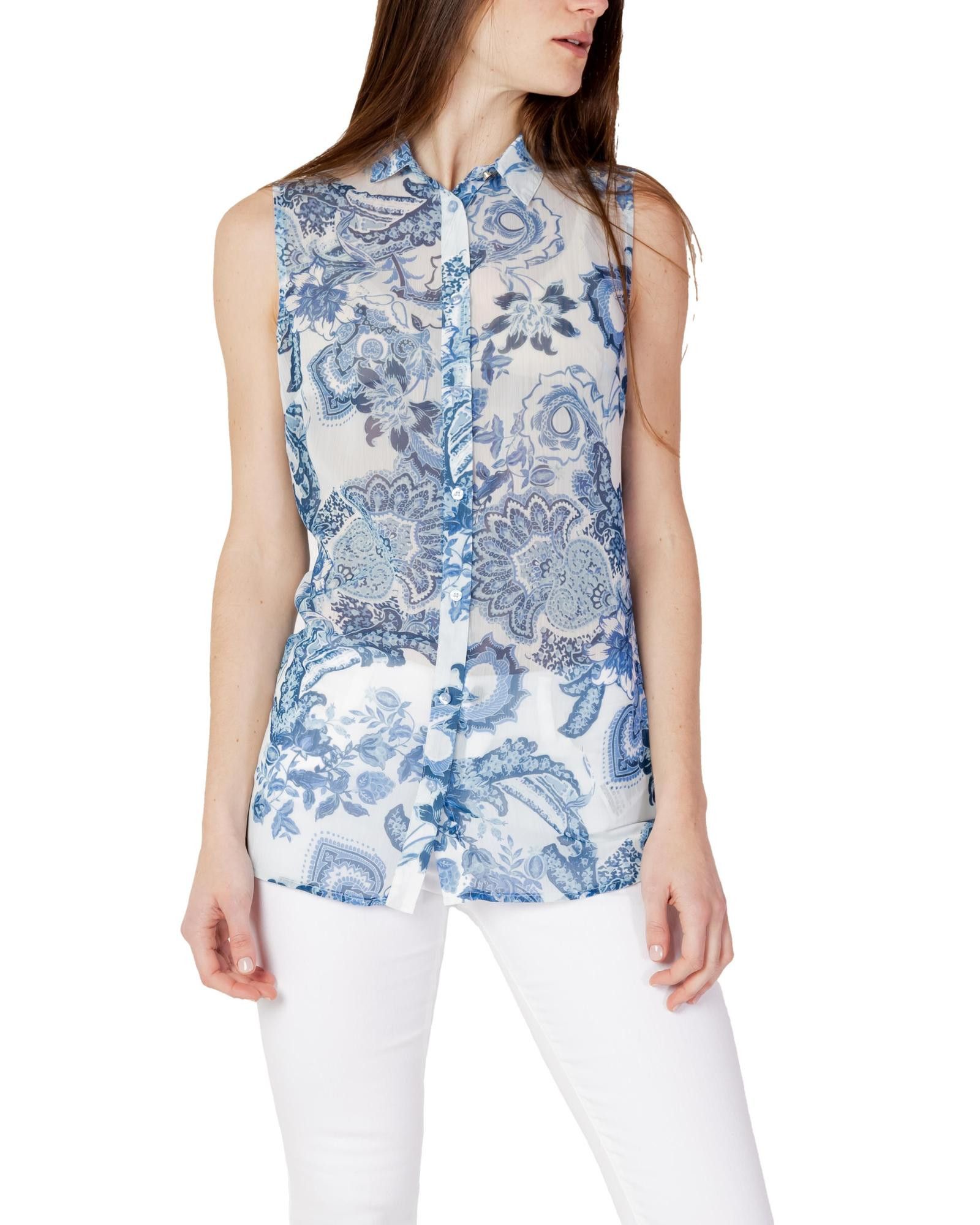 image of Guess Print Sleeveless Shirt in Blue, Women's (Size Small)