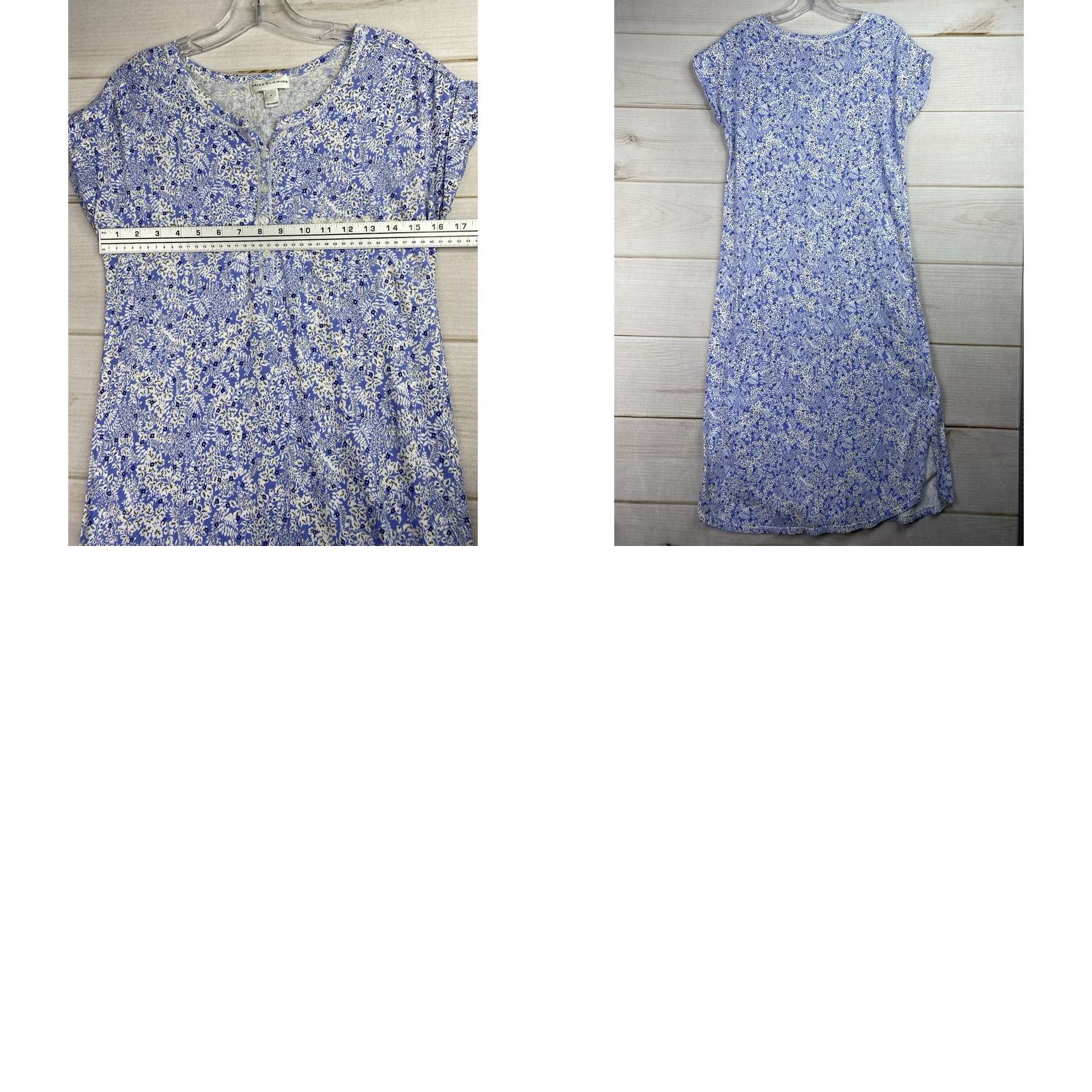 Vintage Miss Elaine Nightgown S Blue Floral Cuffed Short Sleeve Pullover Lace Pocket Button V-Neck Knit Cotton 90s Bohemian Flower Gown Women Size S / US 4 / IT 40 - 8 Thumbnail