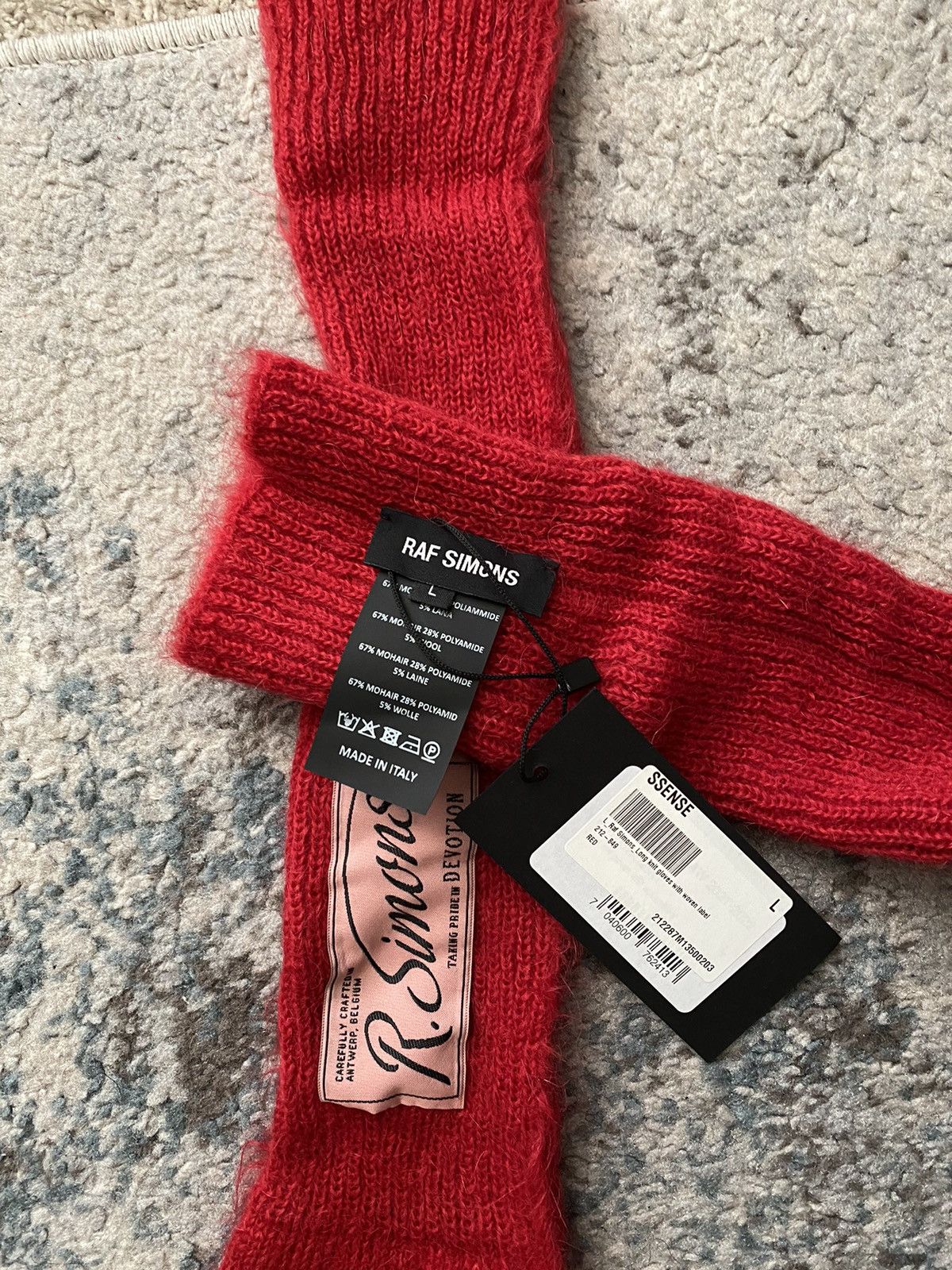 Raf Simons Red Mohair Long Logo Gloves