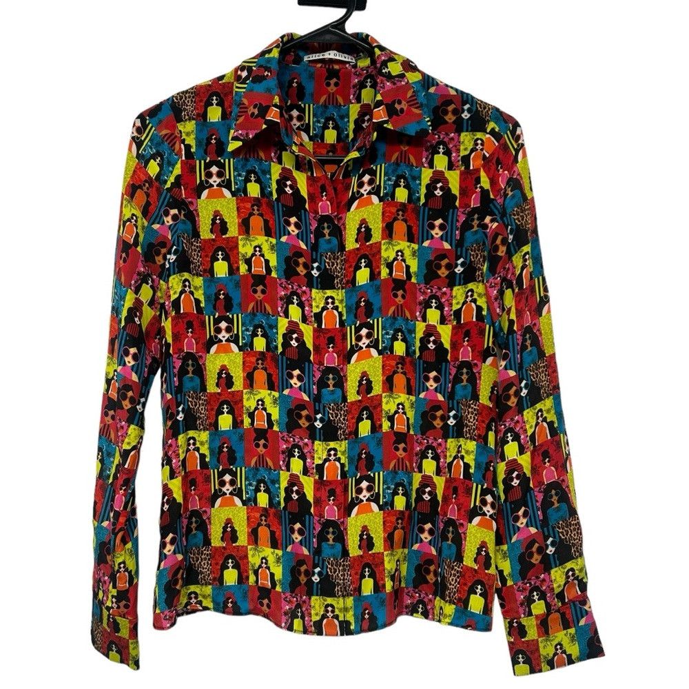 Alice + Olivia ALICE + OLIVIA WILLA CHECKERED GRAPHIC SILK BUTTON UP SHIRT Size XS / US 0-2 / IT 36-38 - 2 Thumbnail