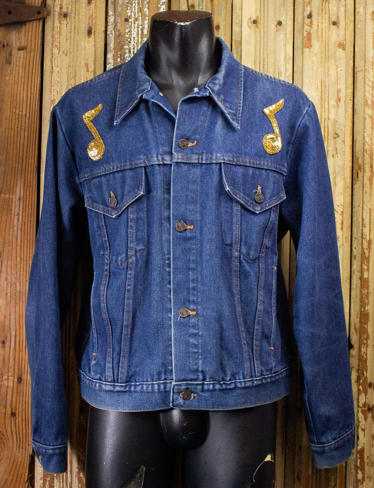 image of Vintage Denim Jacket With Sequin Music Note & Guitar Xl, Men's