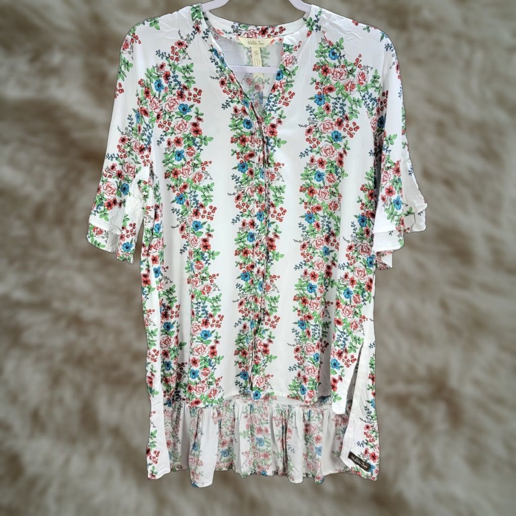Vintage Matilda Jane Shirt Women XS Floral Tunic White Rayon V-Neck Short Sleeve Blouse Photos 90s Event Size XS / US 0-2 / IT 36-38 - 1 Thumbnail