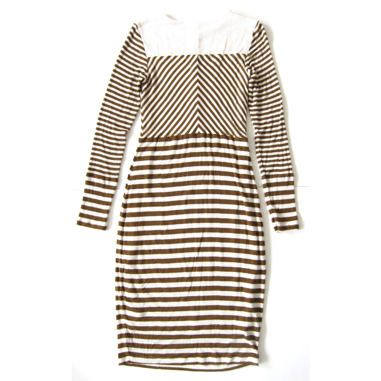 Vintage Down East Stripe Jersey Stretch Long Sleeve Sheath Tunic Dress XS Brown Ivory Stripe Dress, Women's, Regular, Midi, Kaftan/Shift/Shirt Dress Style Size XS / US 0-2 / IT 36-38 - 2 Thumbnail