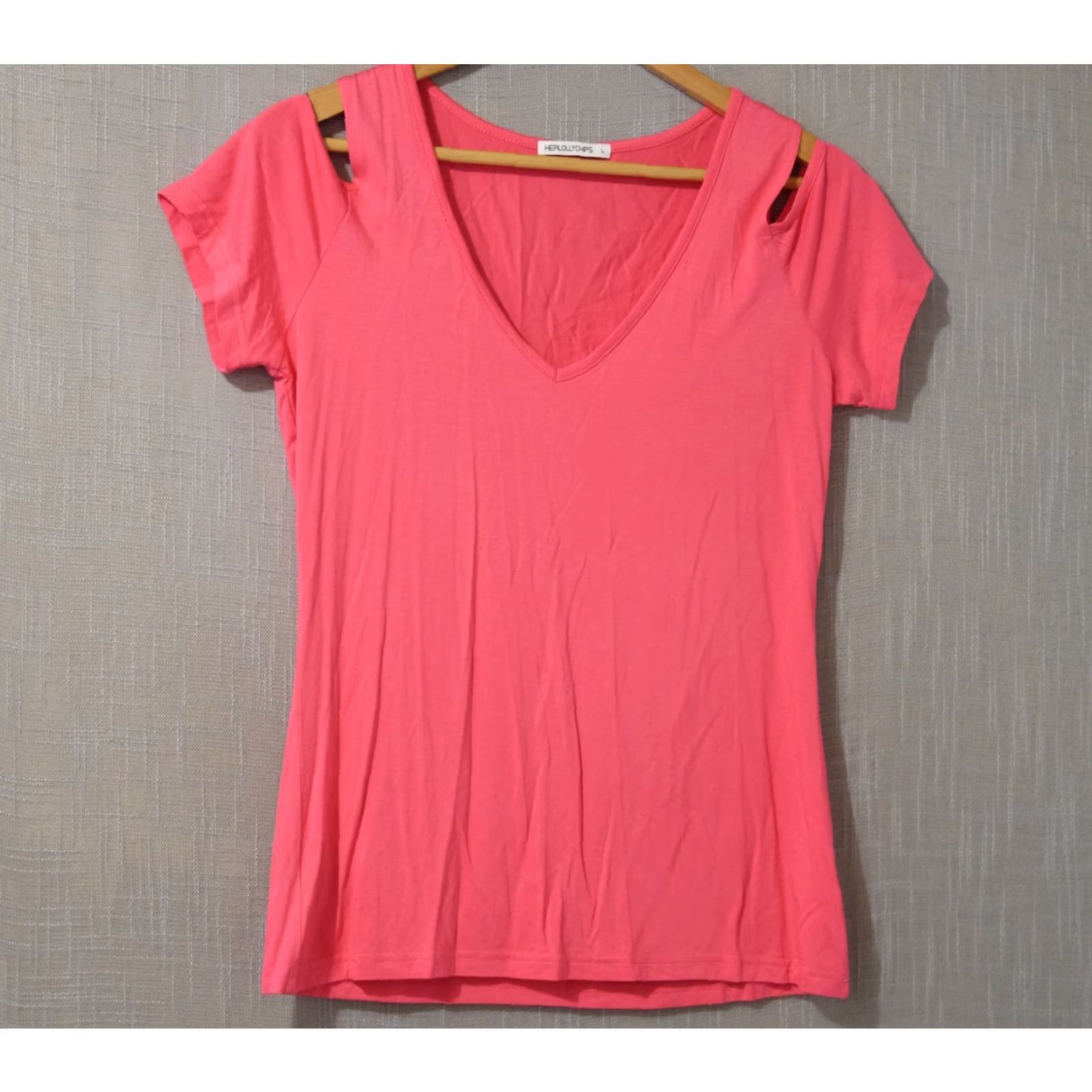 Pinko Herlollychips T-Shirt Womens L Hot Pink V-Neck Cold Shoulder Short Sleeve Nwot! Size 36" / US 14 / IT 50 - 2 Thumbnail