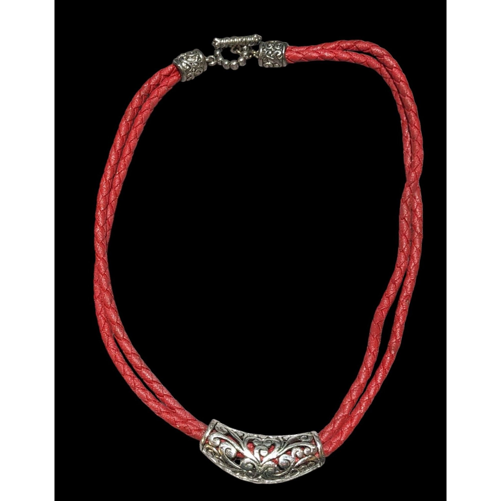 Other Red And Silver Faux Leather Floral Necklace Size ONE SIZE - 1 Thumbnail