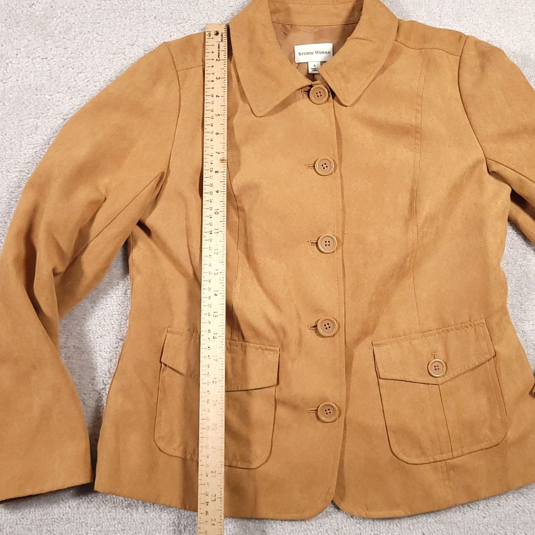 Vintage Studio Works Faux Suede Button Up Shirt Women's 8 Tan Long Sleeve Collared Lined Shirt Size M / US 6-8 / IT 42-44 - 7 Thumbnail