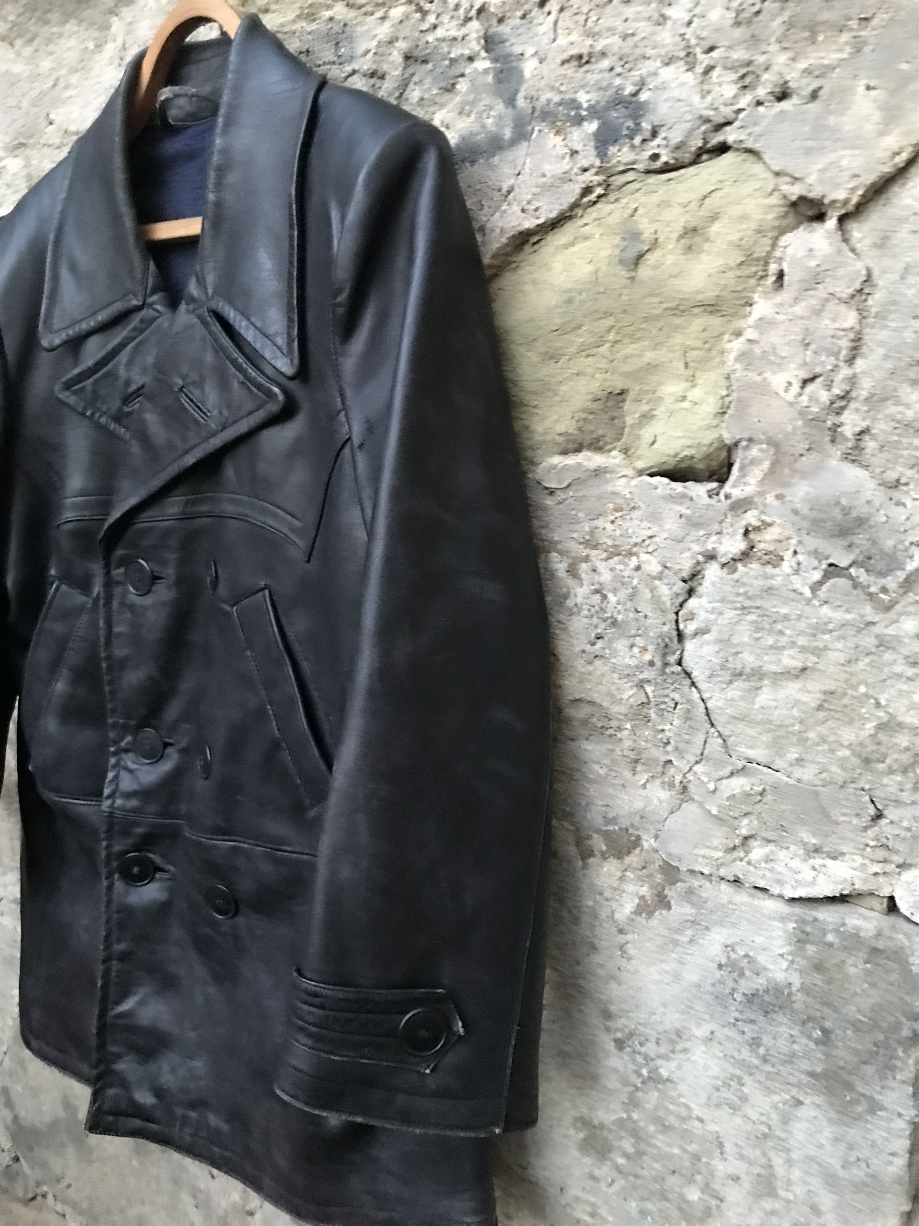 Vintage Retro 40s-50s Military Soviet Motorcycle Leather Peacoat Size US L / EU 52-54 / 3 - 5 Thumbnail