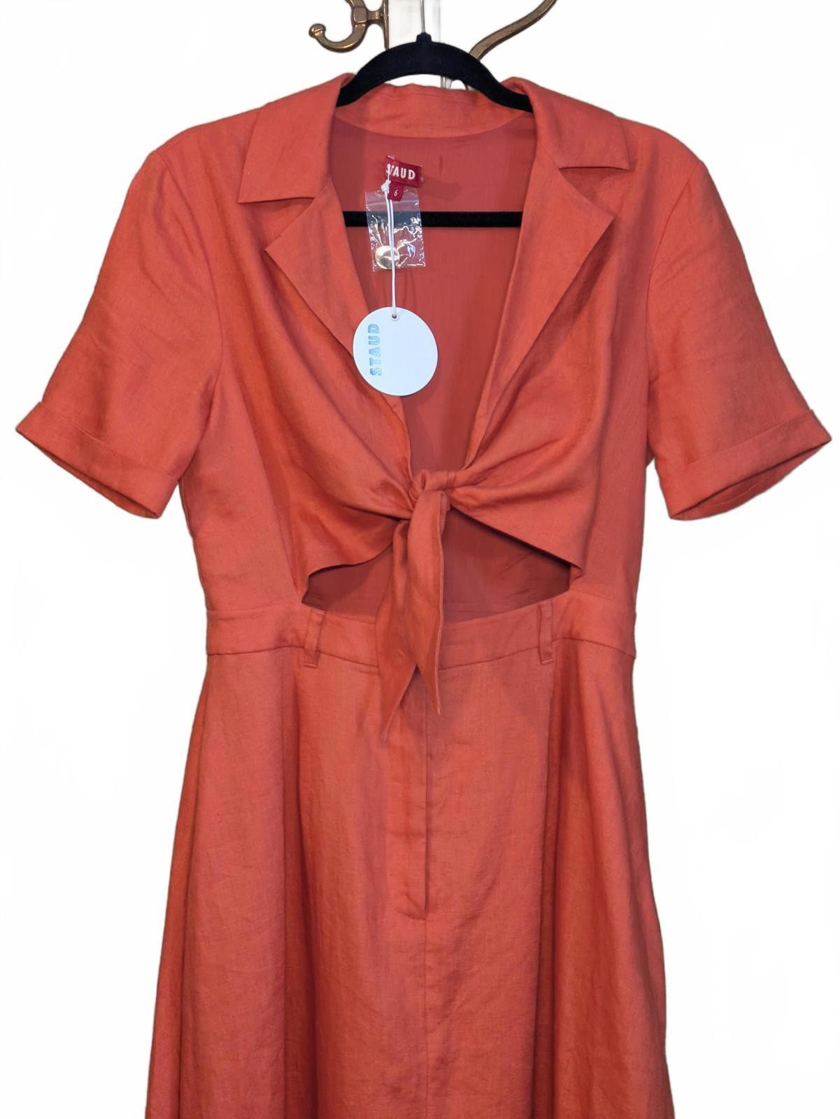 Staud NWT STAUD Linen Tie Front Short Sleeve Orange Midi Dress 6 Size M / US 6-8 / IT 42-44 - 2 Thumbnail