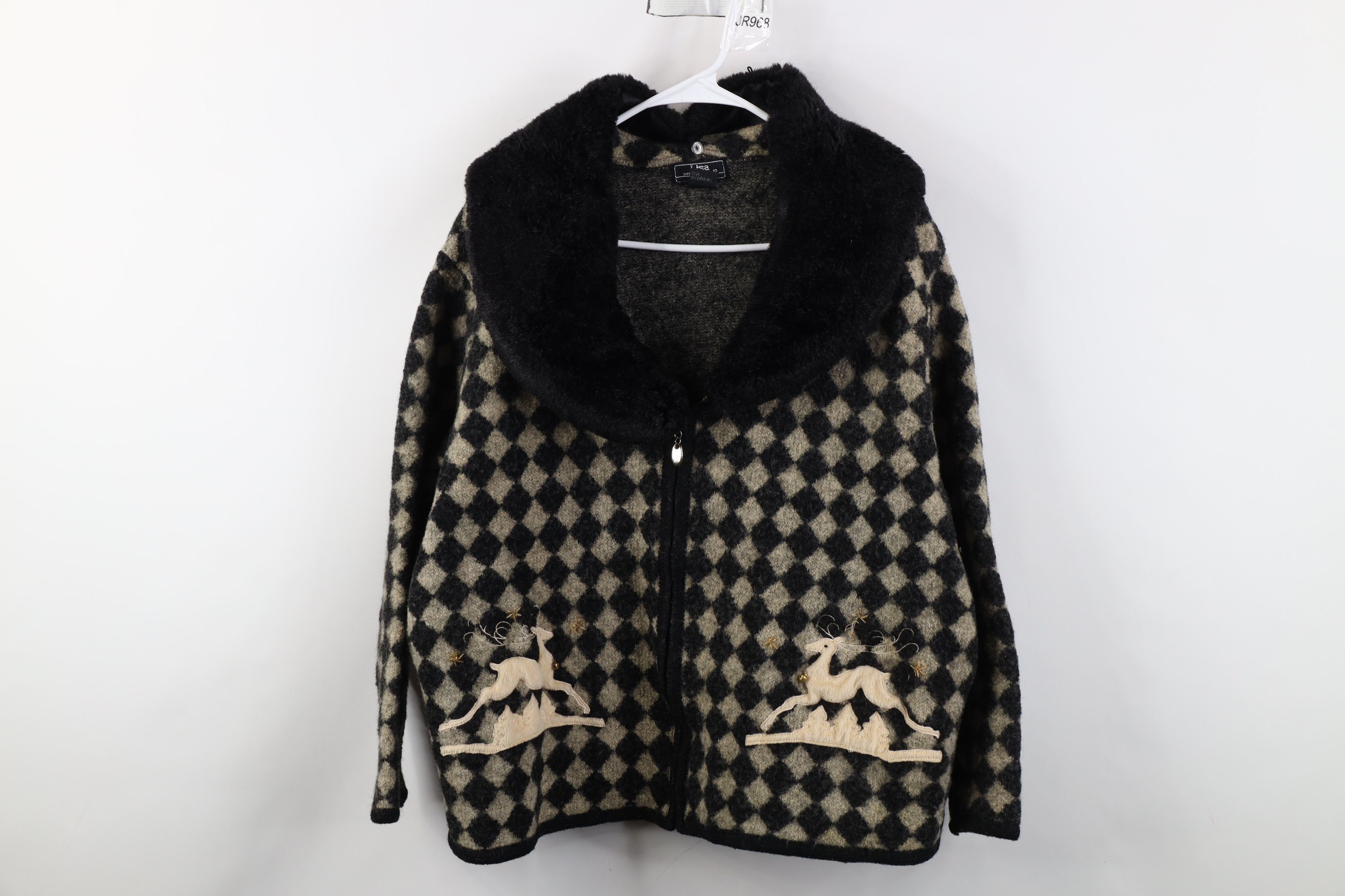 Vintage Vintage 90s Christmas Reindeer Argyle Faux Fur Collar Jacket Size XXL / US 16-18 / IT 52-54 - 1 Thumbnail
