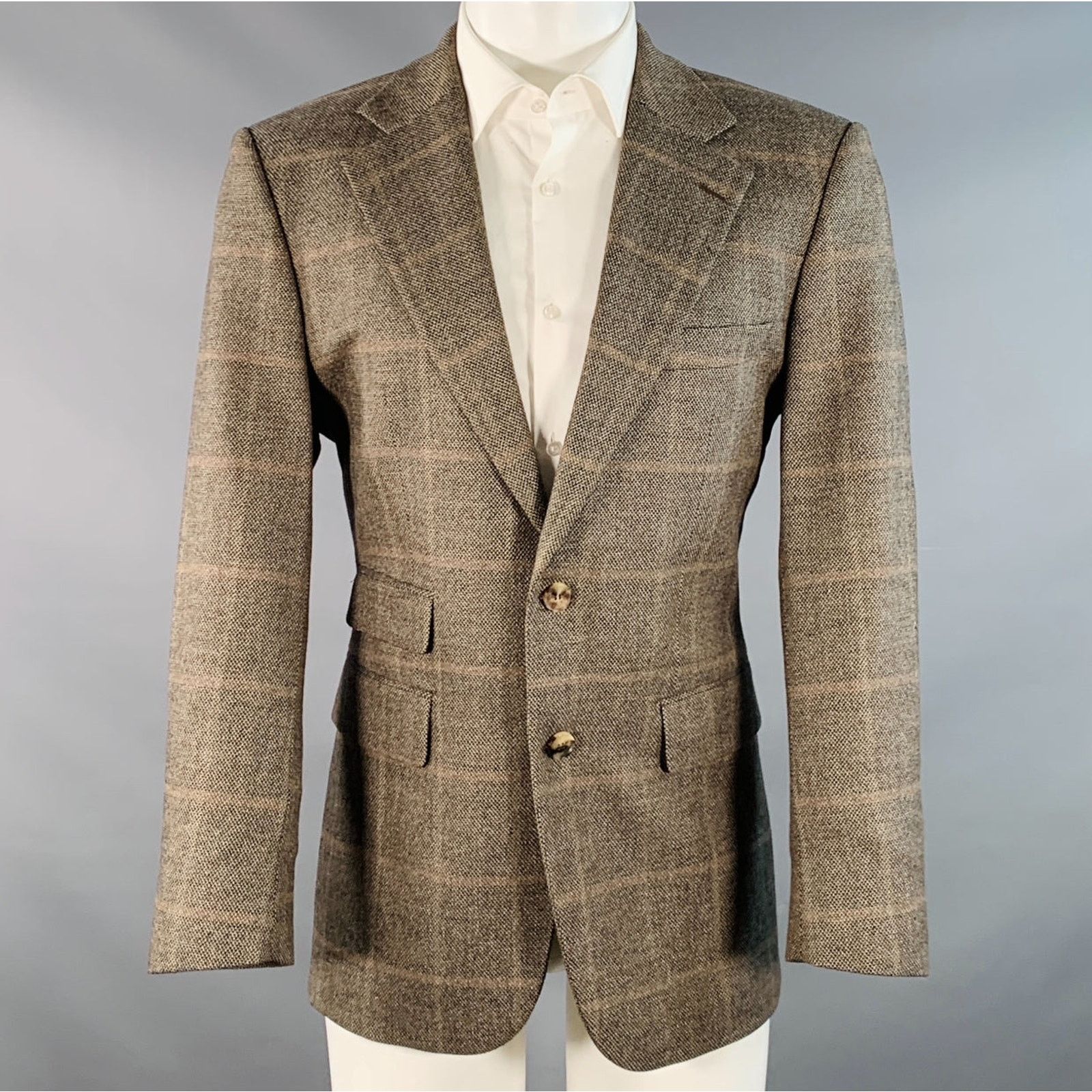 Hugo Boss Brown Black Virgin Wool Cashmere Windowpane Sport Coat Size 38R - 1 Thumbnail