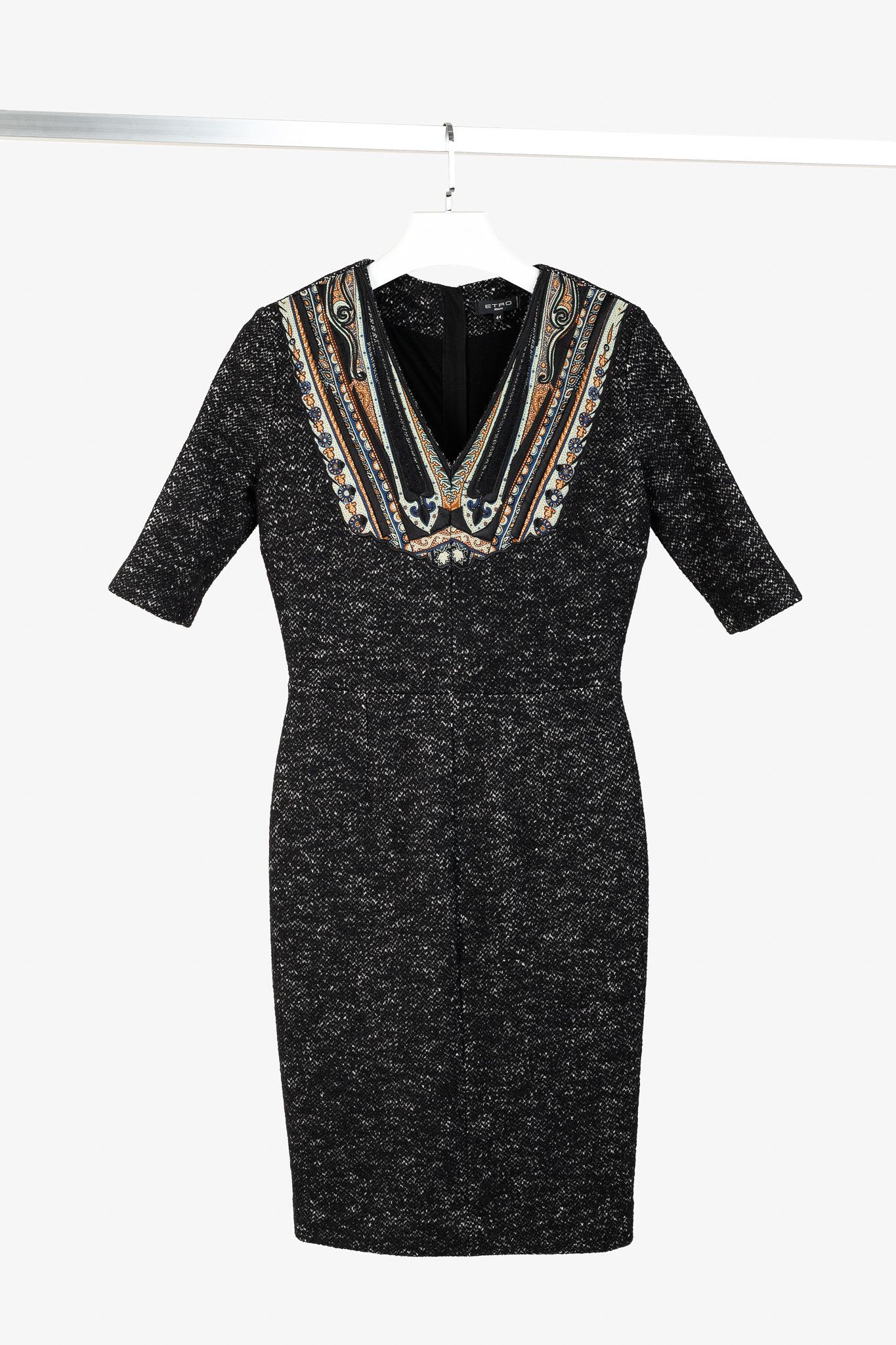 Etro Black Wool Embroidered-Paisley-Bib Dress