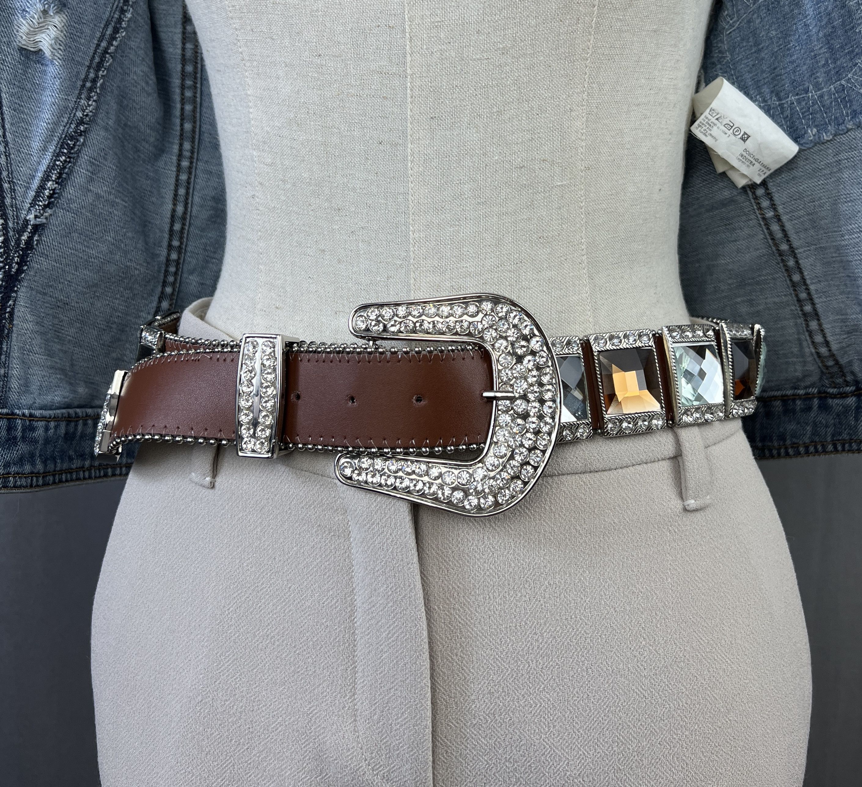 Vintage Y2K Heavy Rhinestones Crystals Leather Belt BB Simon Style Size ONE SIZE - 6 Thumbnail