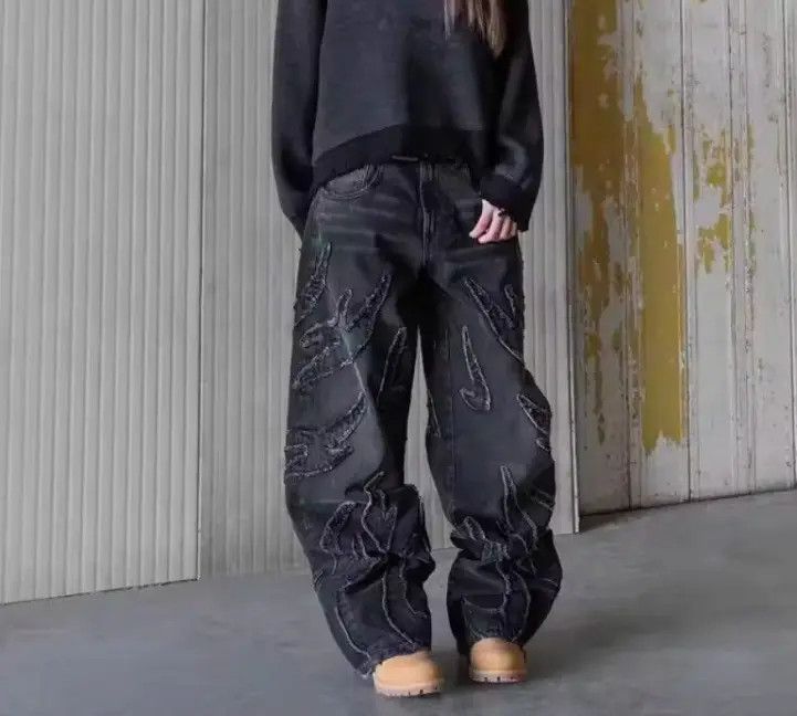 Jean Jeans Patchwork Gothic Raw Edge Embroidered Size US 29 - 3 Thumbnail