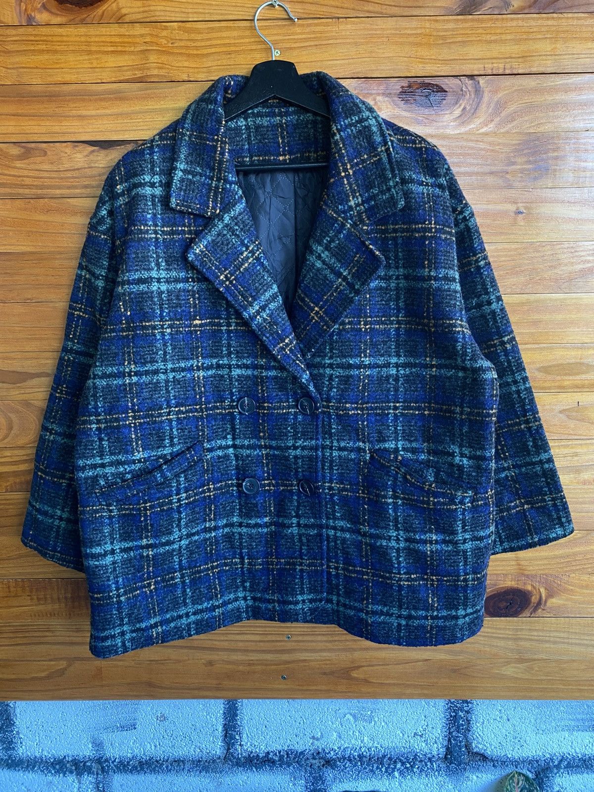 Japanese Brand Vintage 90s Plaid Double-Breasted Wool Coat by Like Lady Size L / US 10 / IT 46 - 3 Thumbnail