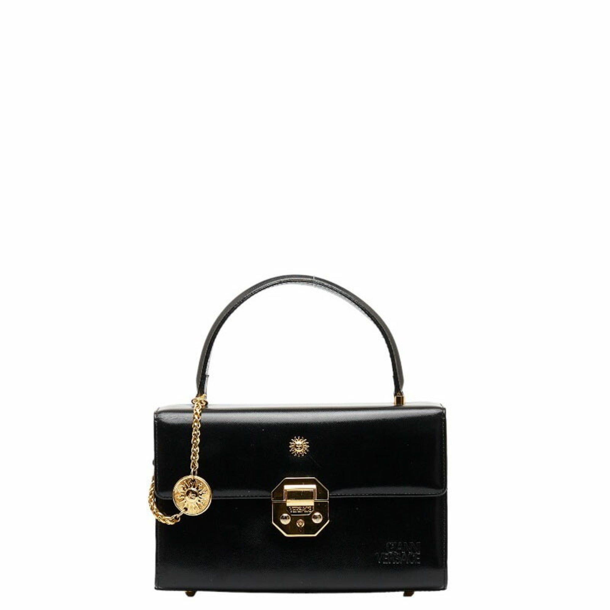 image of Versace Sunburst Handbag Vanity Bag Black Enamel Leather Ladies, Women's
