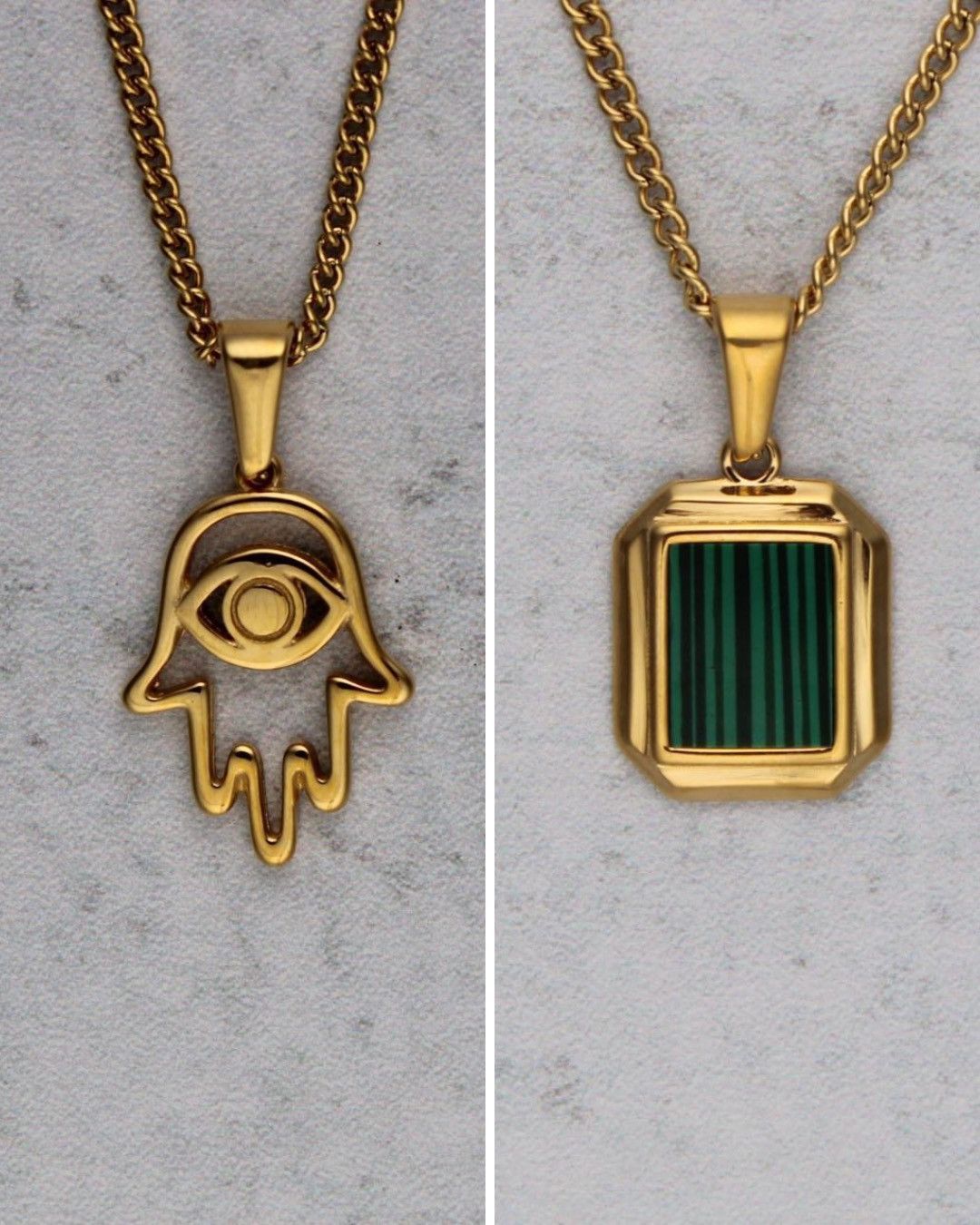 Jewelry x Vintage Gold Pendant Set - Hamsa & Faux Malachite, Men's