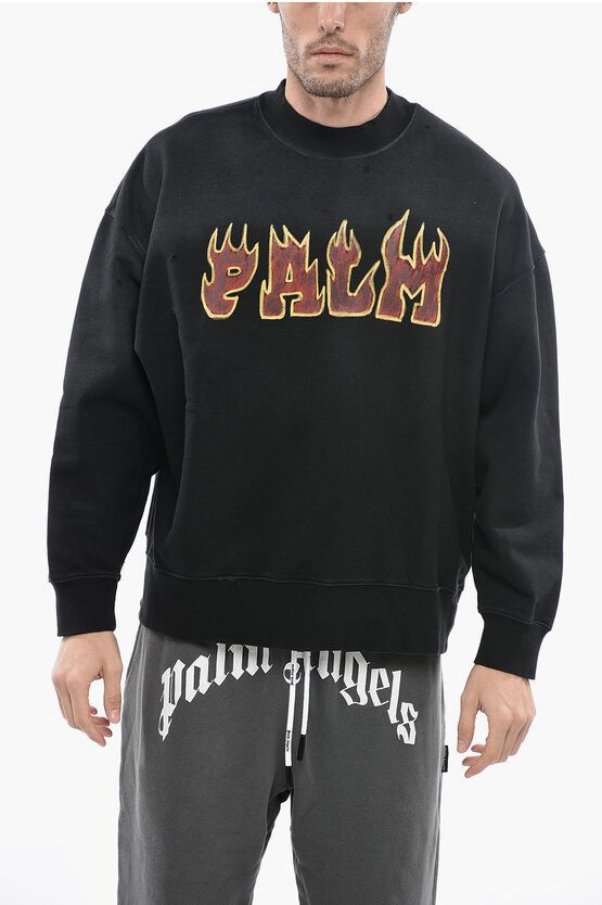 image of Palm Angels Crew-Neck Distressed Sweatshirt Witth Flames Logo in Black, Men's (Size XS)