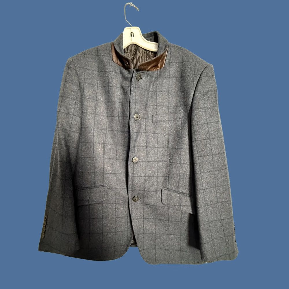 Vintage Enzo Tovare Blazer Sport Coat Mens 40 Blue Wool Check Tweed Stand Collar Jacket Size 40R - 1 Thumbnail