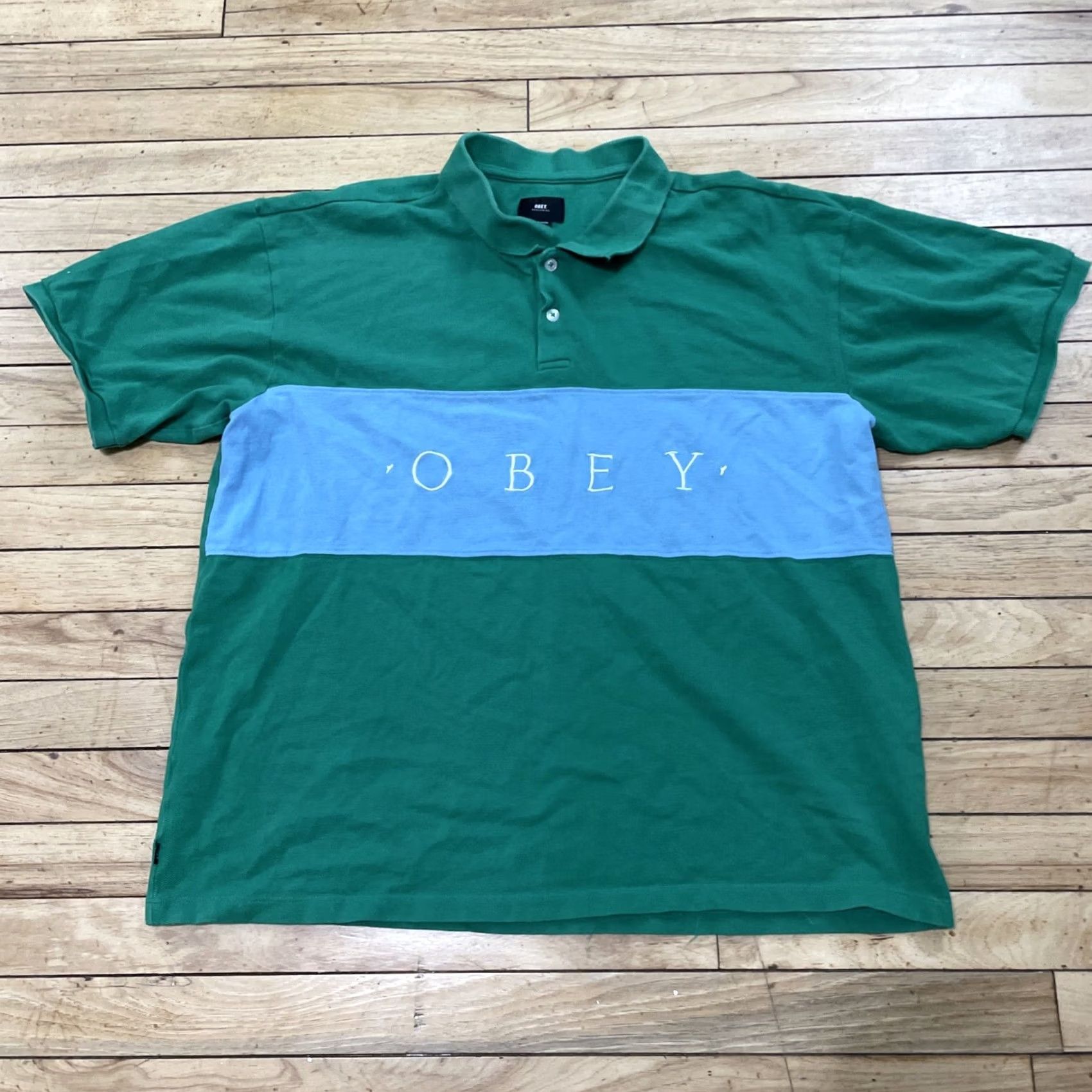 Obey OBEY Polo Shirt Men L Green Blue Colorblock Y2k Streetwear Knit Polo Shirt Colorblock Logo Short Sleeve Casual Golf 90s Preppy Size US L / EU 52-54 / 3 - 3 Thumbnail