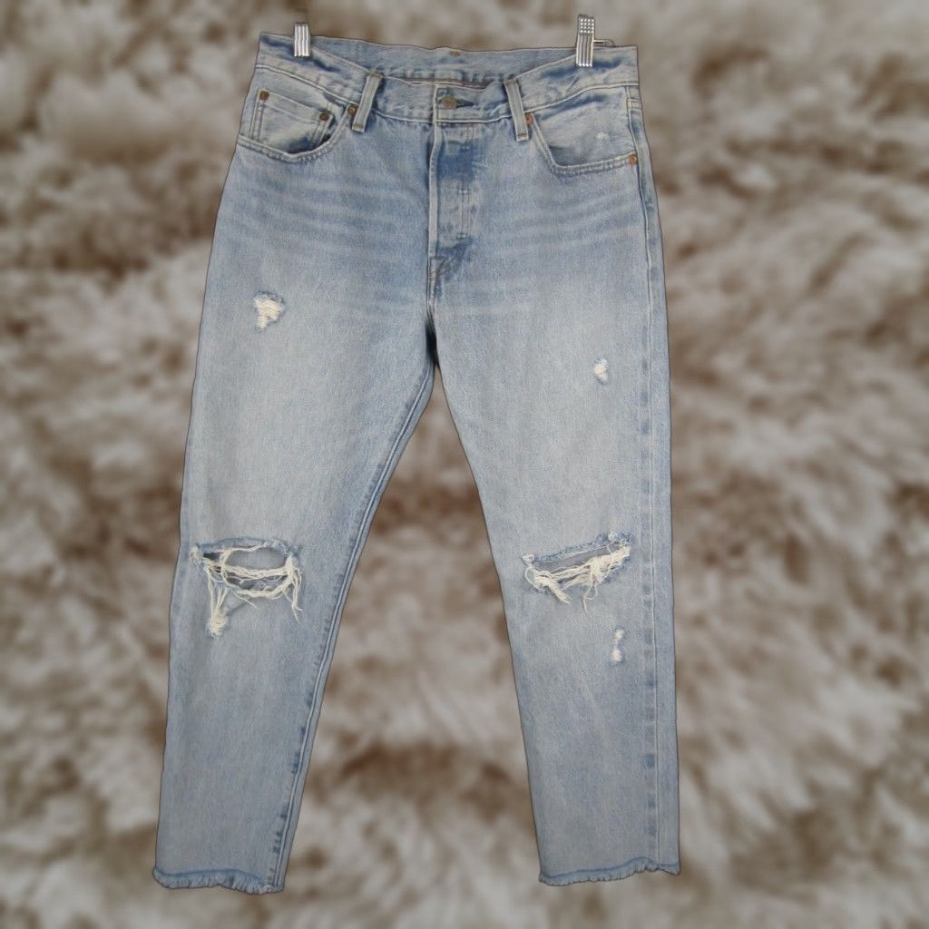 Levis 501 Jeans Mens 29x28 Blue Light Wash Selvedge Redline Distressed