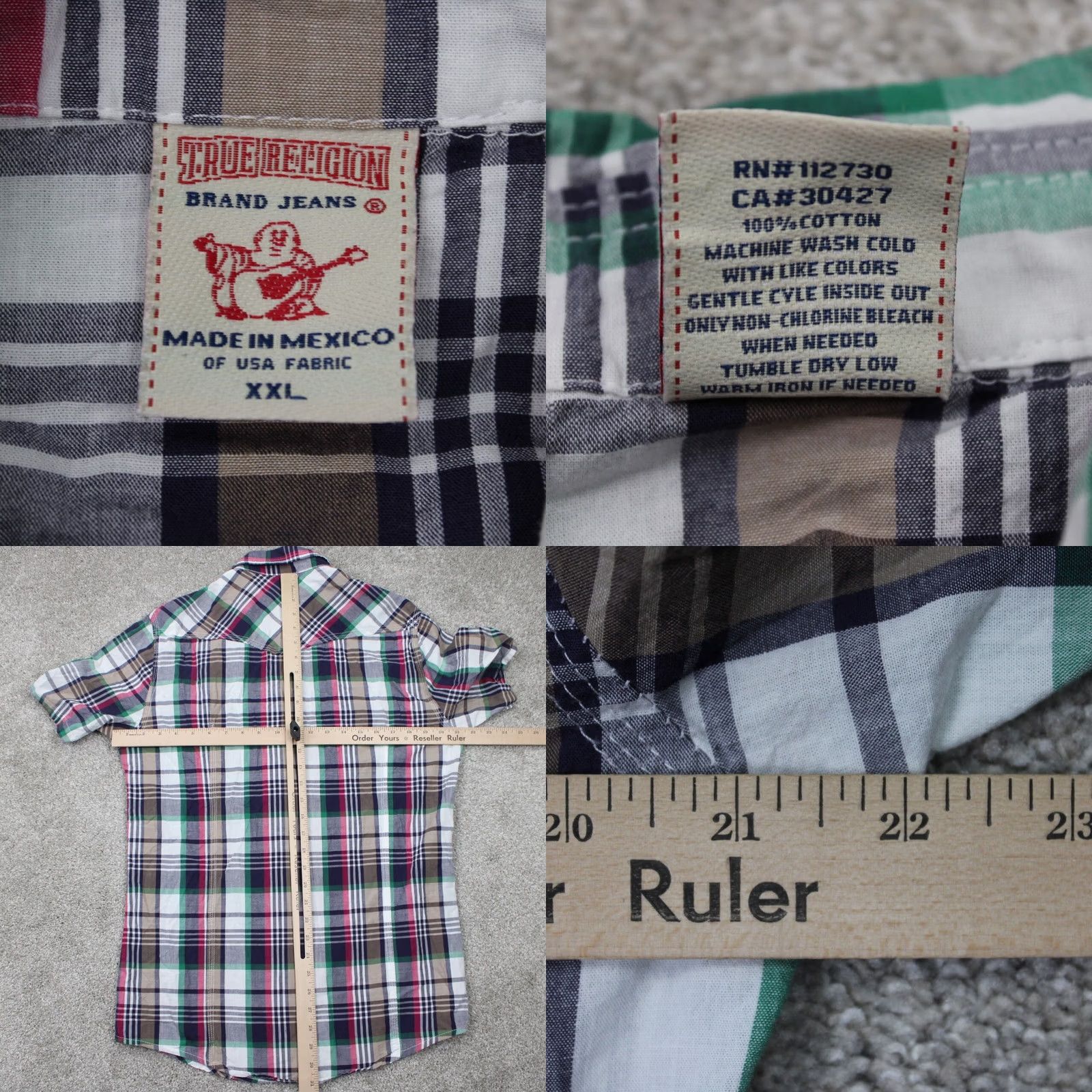 True Religion True Religion Shirt Mens 2XL Plaid Button-Up Snap Short Sleeve Red Green White Gray Cotton 100% Cotton Western Cowboy Vintage No Size US XXL / EU 58 / 5 - 8 Thumbnail