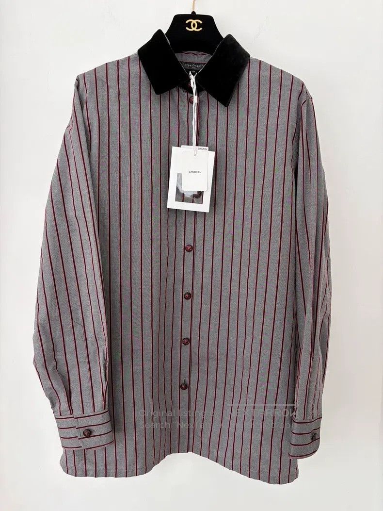 Chanel Chanel Velvet collar striped shirt Size S / US 4 / IT 40 - 1 Thumbnail