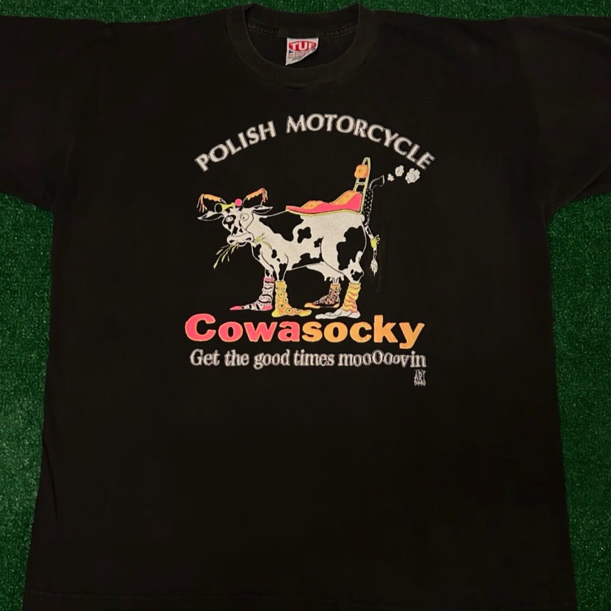 Vintage VINTAGE 90s Kawasaki Parody Polish Motorcycle Cow Art Biker 1992 Shirt Mens XL Black Short Sleeve T-Shirt Mens XL Size US XL / EU 56 / 4 - 4 Thumbnail