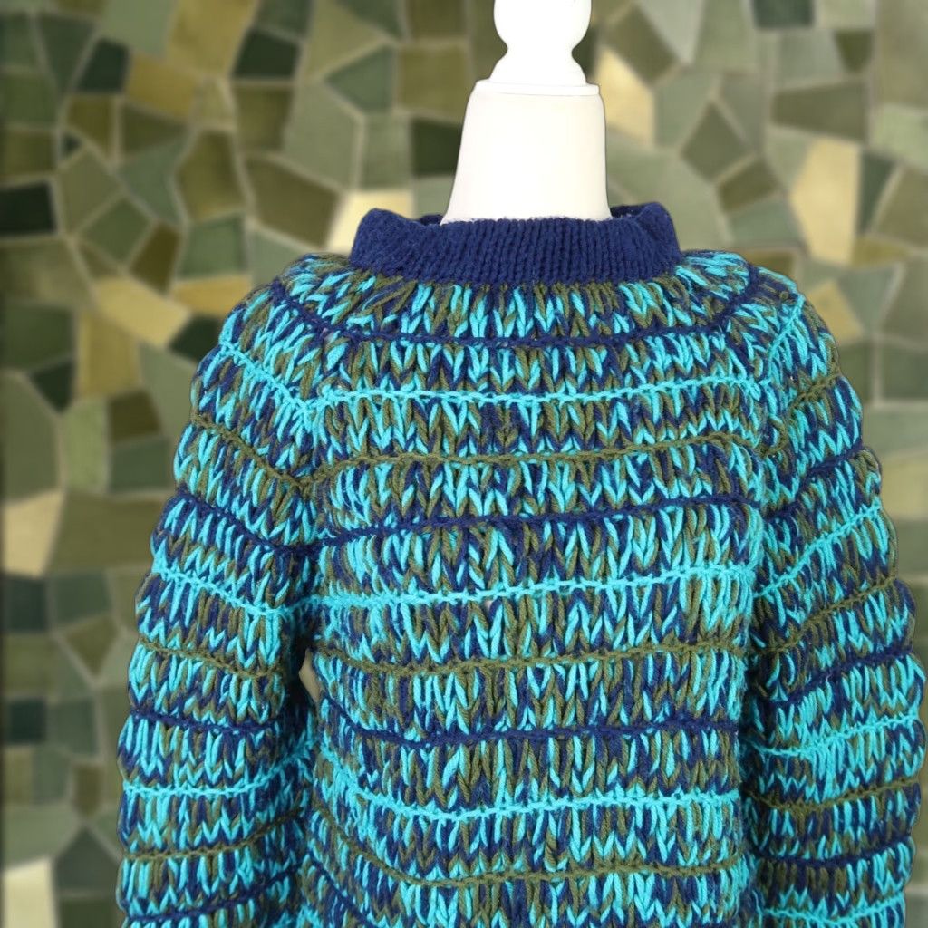 Vintage VINTAGE Sweater Pullover 90s Bohemian Long Sleeve Women L Blue Green Thick Yarn Hand Knit Ac rylic Knit Fall Spring Winter Size L / US 10 / IT 46 - 1 Thumbnail
