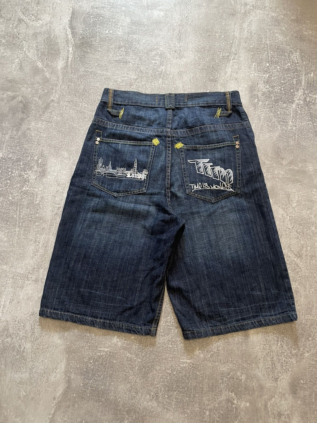 Time is Money Embroidered Logo Jnco Style Baggy Denim Shorts