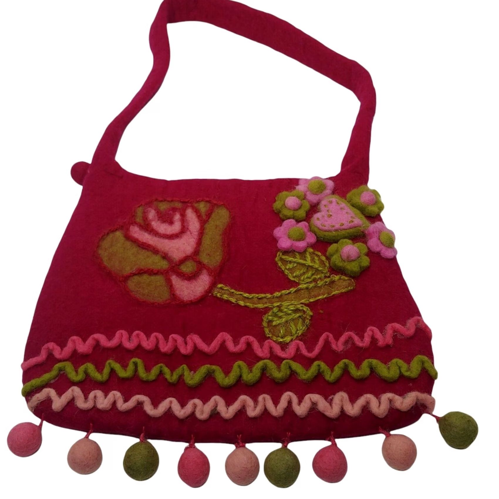 Vintage Uttam London Felted Wool Purse Pink Rose Heart Flower Pom Pom Boho Hippie Zip Bag Shoulder Bag Women 11.5" Pink Green Floral Hearts Size ONE SIZE - 3 Thumbnail