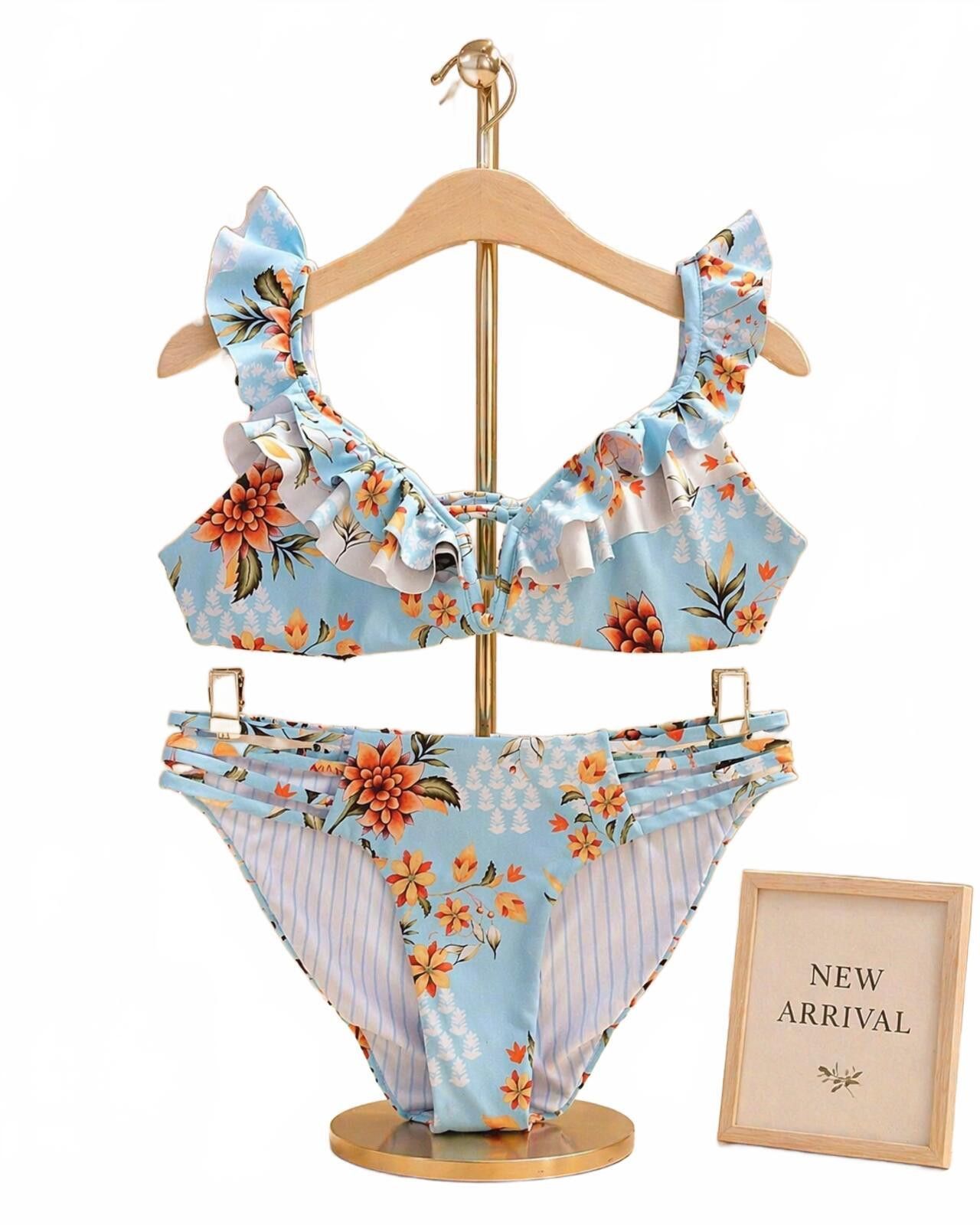 Other Agua Bendita Floral Ruffle Bikini Swimsuit Size S Blue NWOT Size ONE SIZE - 1 Thumbnail