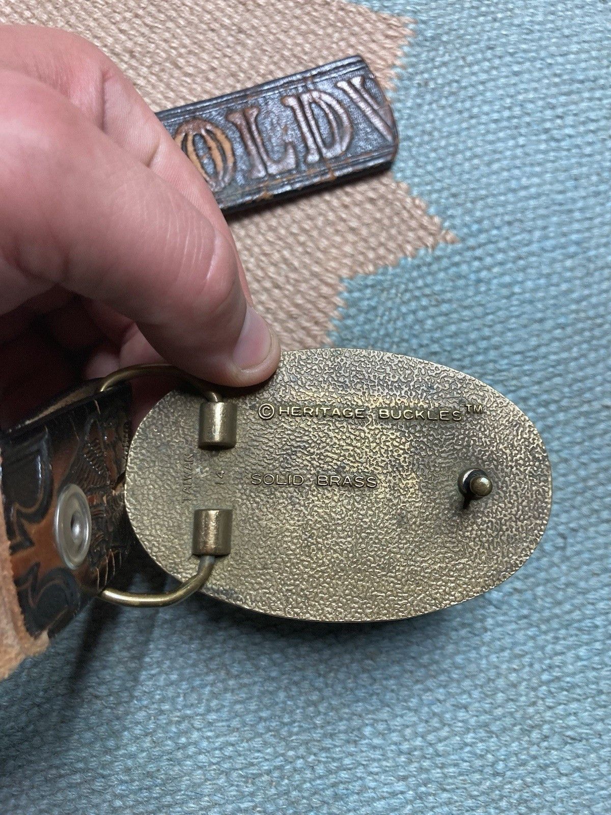 Vintage Honda gold wing leather belt heritage buckle brass patina Size 34 - 6 Thumbnail