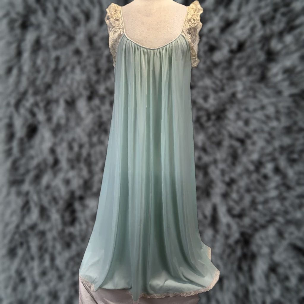 Vintage Vtg Lucie Ann Nightgown Light Blue Lace Straps Full Length 70s 46” Chest Flaws Size ONE SIZE - 1 Thumbnail