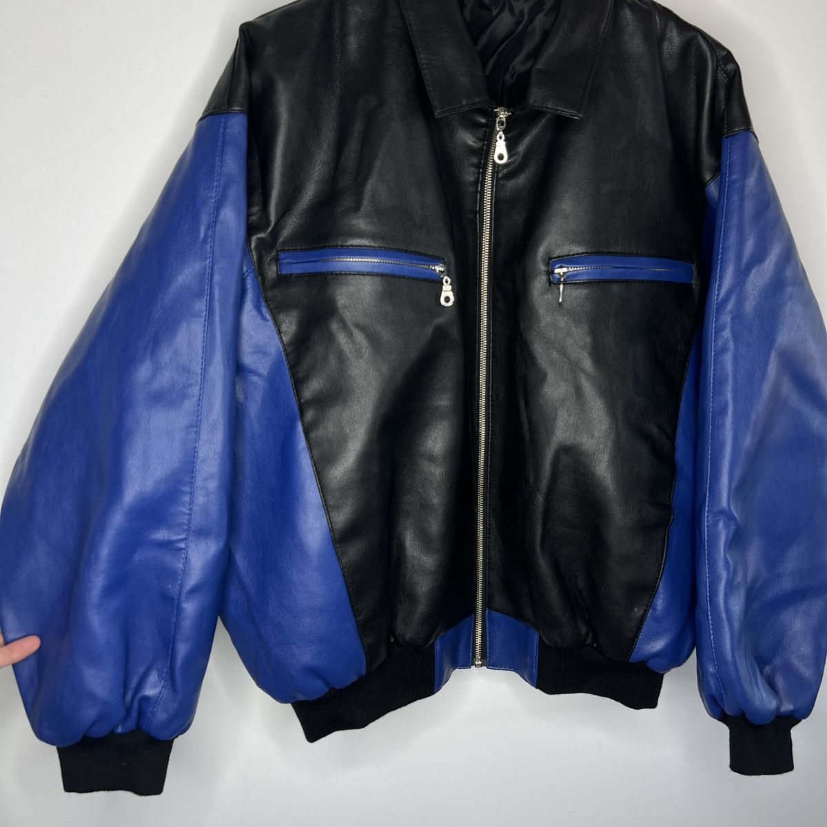 Japanese Brand 90s Boxy Leather Varsity Jacket Bomber Boxy Black Navy Size US M / EU 48-50 / 2 - 6 Thumbnail