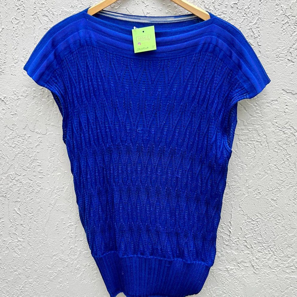 image of M Missoni Cap Sleeve Merino Wool Rib Knit Pullover Sweater in Blue, Women's (Size Medium)
