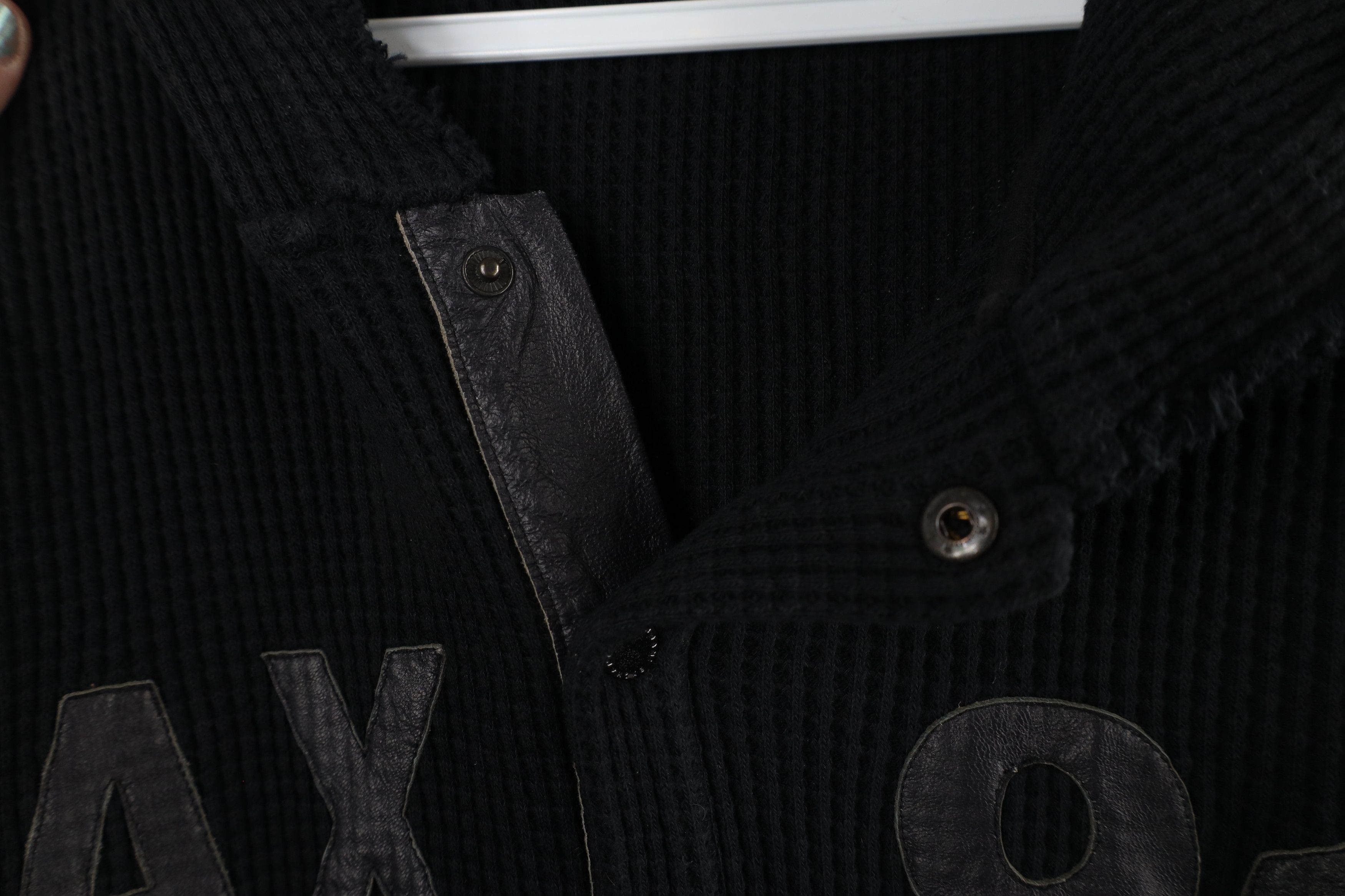 Armani Exchange × Vintage Armani Exchange Leather Trim Thermal Waffle Knit Hoodie Size US L / EU 52-54 / 3 - 4 Thumbnail