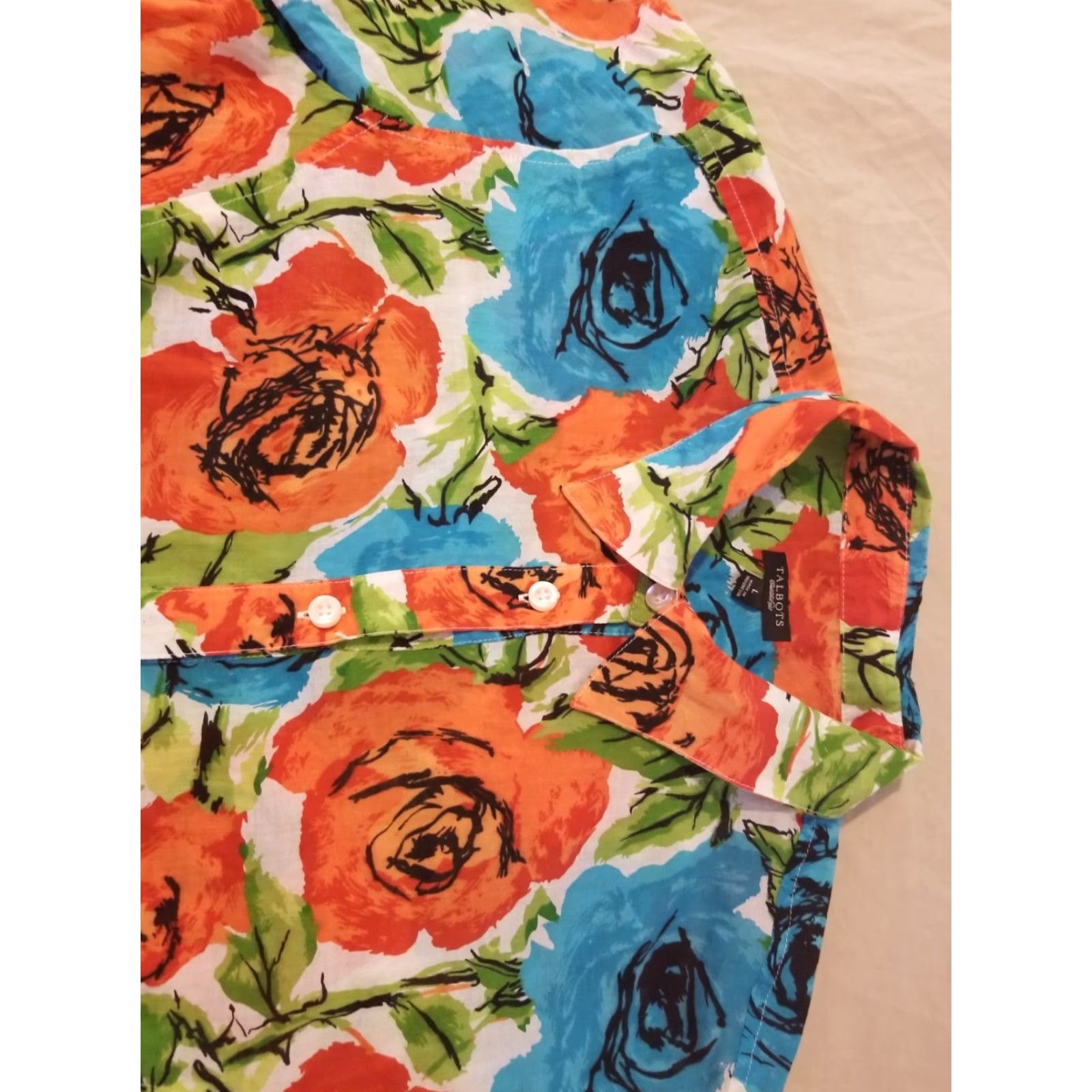 Talbots Womens Talbots Dress Shirt L Large Blue Orange Button Blouse Short Sleeve Size L / US 10 / IT 46 - 2 Thumbnail