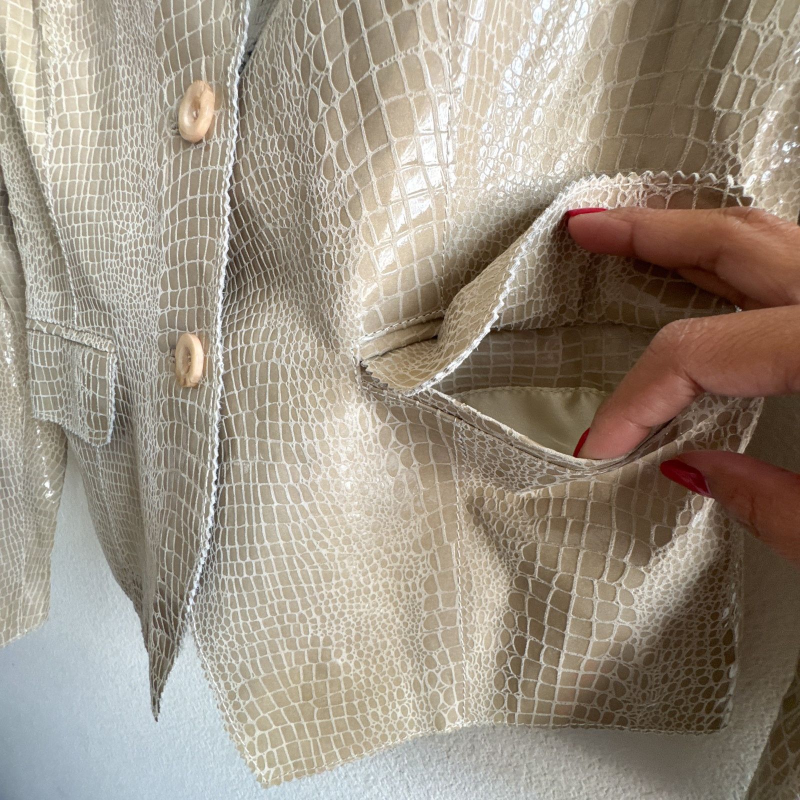 Other Croc Embossed Leather Blazer Jacket Beige Glossy Textured Size L / US 10 / IT 46 - 11 Thumbnail