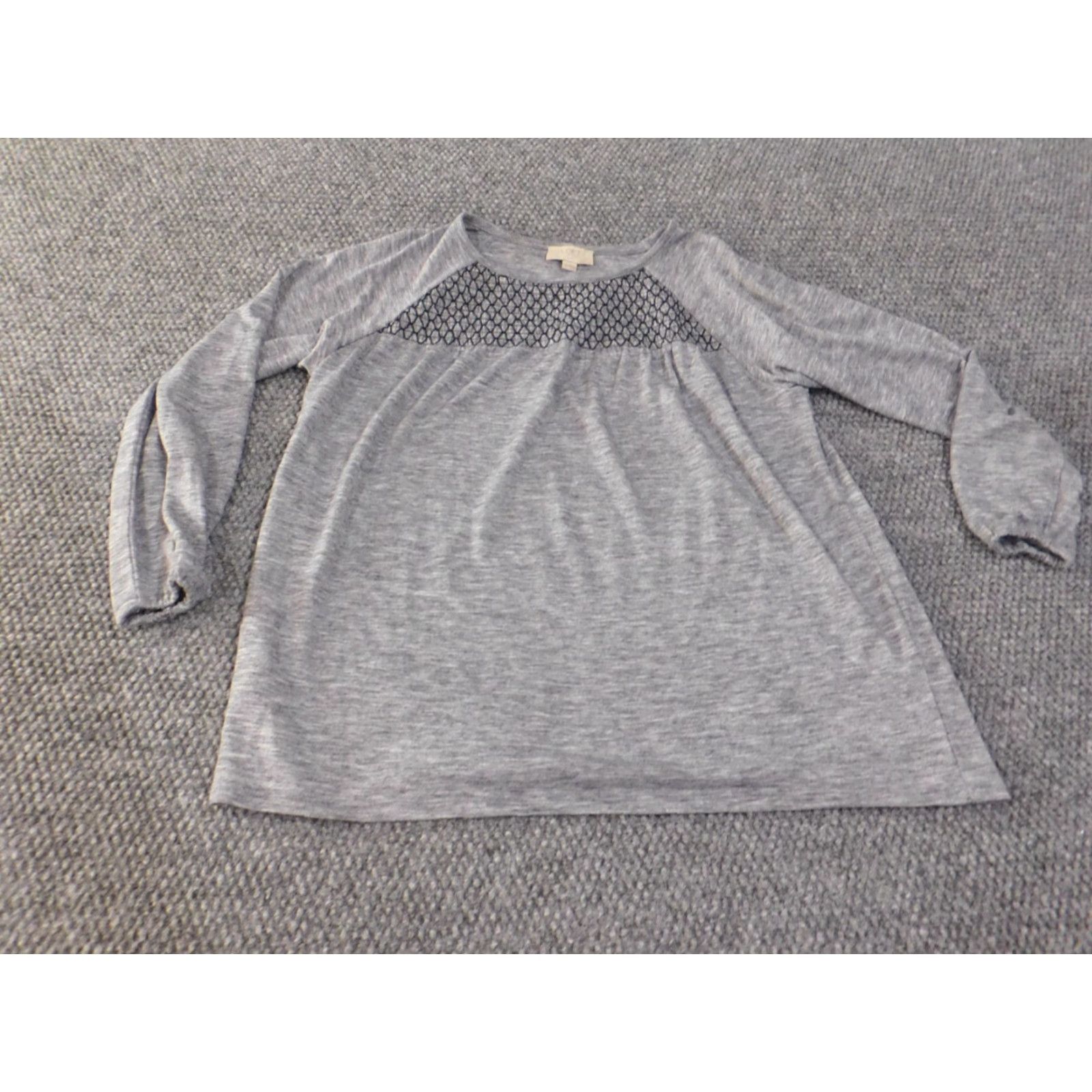 Ann Taylor Ann Taylor Loft Blouse Shirt Petite PS Womens Gray Polyester Spandex Lace Round Neck Long Sleeve Pullover Casual Basic Stretch Modern Classic Shirt Size S / US 4 / IT 40 - 2 Thumbnail